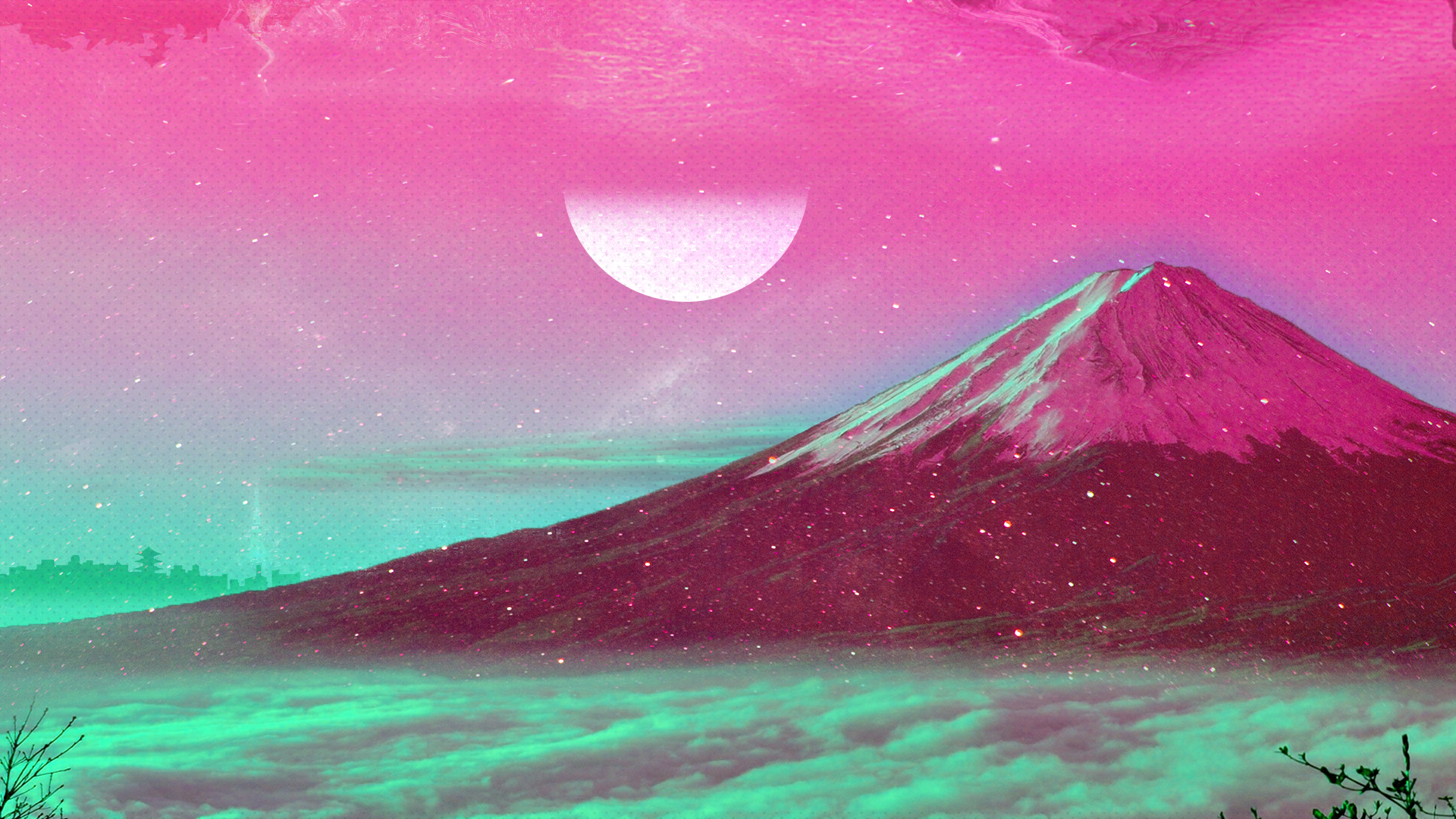 Fuji, Japan, Mond, Pink, Türkis, Digitale Kunst, 1920x1080, Full-HD-Hintergrundbild für PC