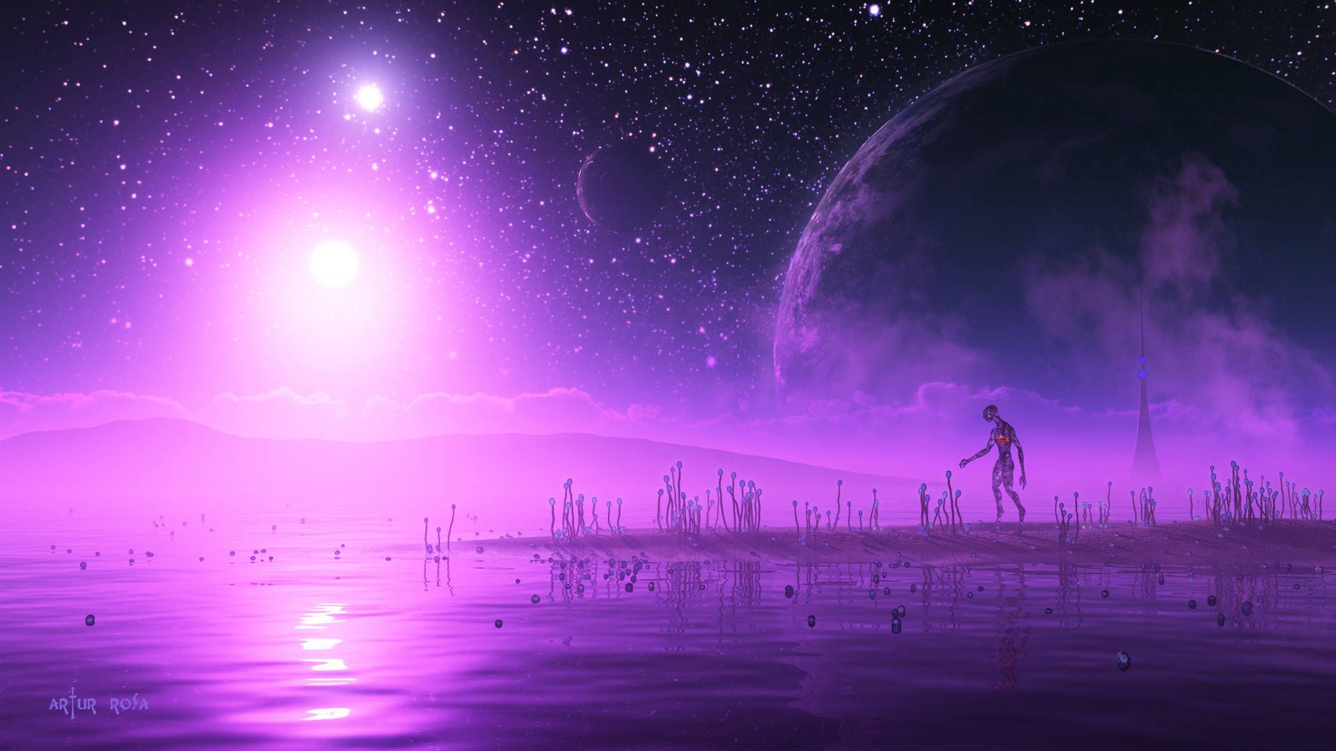 Fantasy-Landschaft, Planet, Lila Licht, Wasser, Science-Fiction, 1920x1080, PC-Hintergrundbild