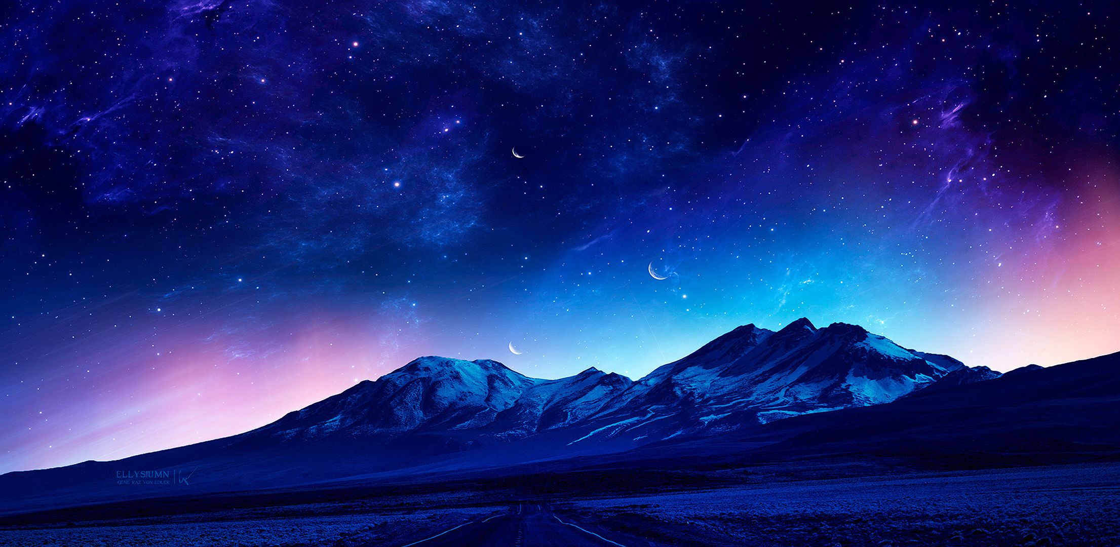 Sternenhimmel, Berge, Blau, Rosa Leuchten, Nacht, Full HD, Desktop-Hintergrund für Windows