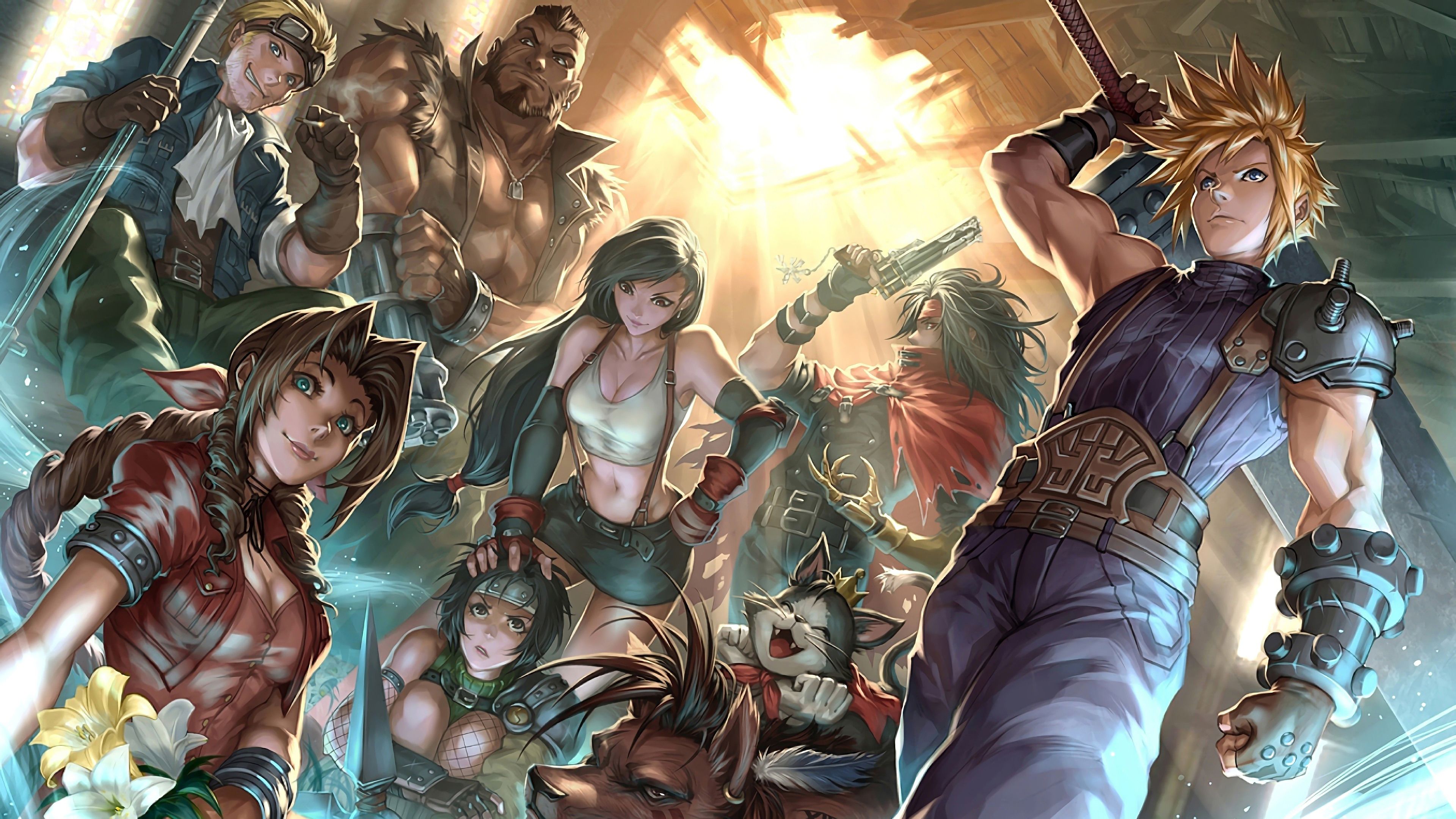Final Fantasy VII, Cloud Strife, Tifa Lockhart, Yuffie Kisaragi, Fanart, Gruppenbild, 4K-Hintergrundbild