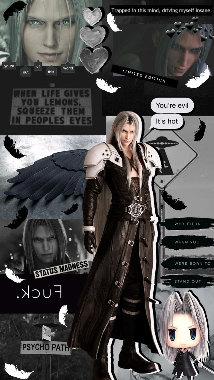 Sephiroth, Final Fantasy VII, Collage, Schwarz-Weiß, Chibi, HD, Handy-Hintergrund