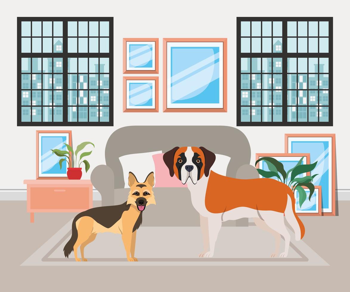 Deutscher Schäferhund, Bernhardiner, Wohnzimmer, Sofa, Illustration, Hintergrundbild