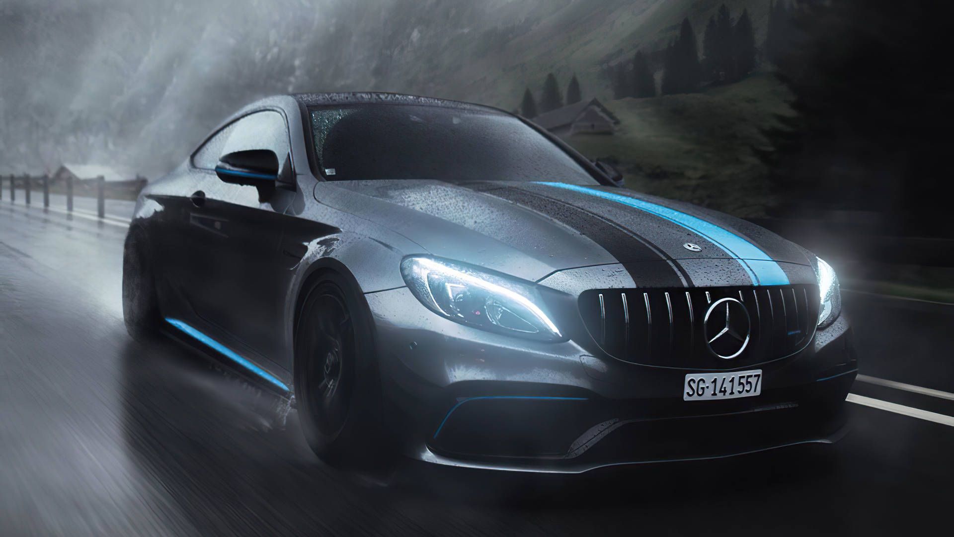 Mercedes-AMG C 63 S Coupé, Grau, Blaue Streifen, Regen, Bewegung, 1920x1080, PC-Hintergrundbild