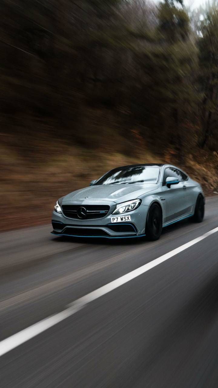 Mercedes-AMG C 63, Kurvenfahrt, Silber, Straße, HD, Handy-Hintergrund im Hochformat
