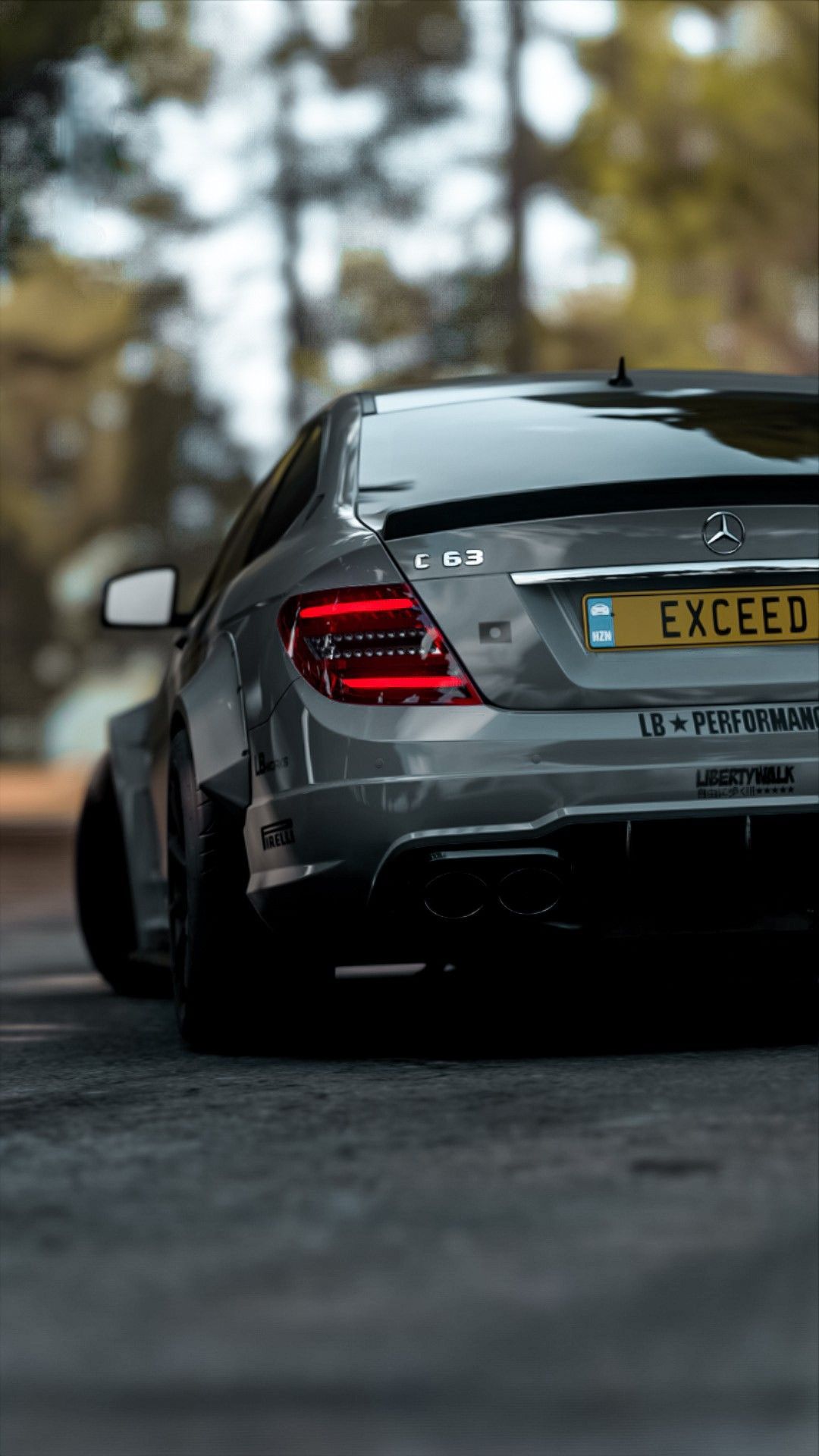 Mercedes-Benz C 63 AMG, Heckansicht, Grau, Wald, Full HD, Sperrbildschirm fürs iPhone