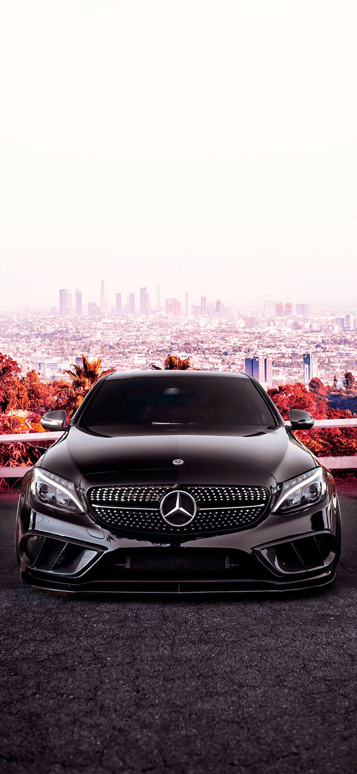 Mercedes-AMG C 63, Frontansicht, Stadtpanorama, Minimalistisch, HD, iPhone-Hintergrundbild