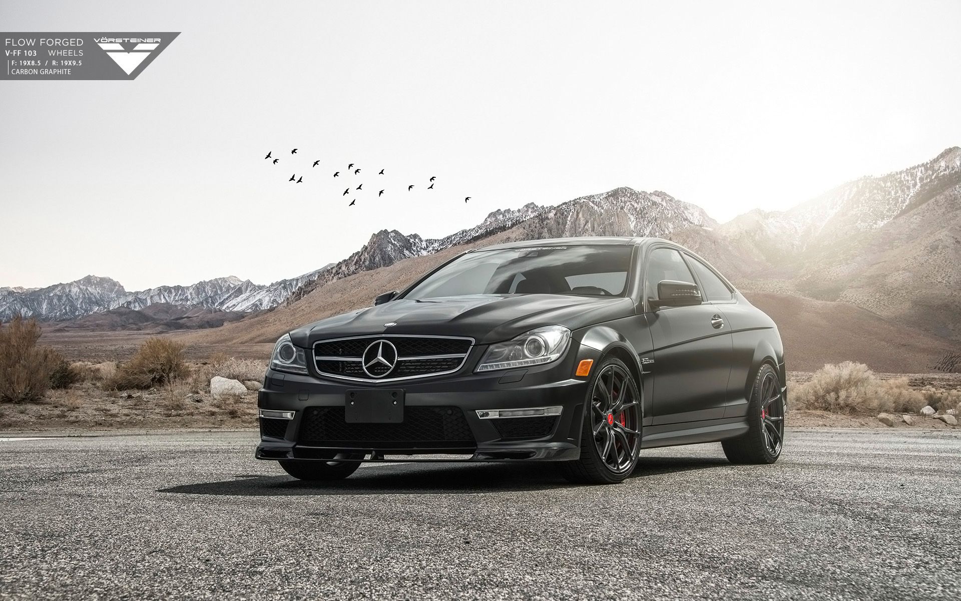 Mercedes-Benz C 63 AMG Coupé, Schwarz, Berge, Vögel, Felgen, Full HD, Windows-Hintergrundbild