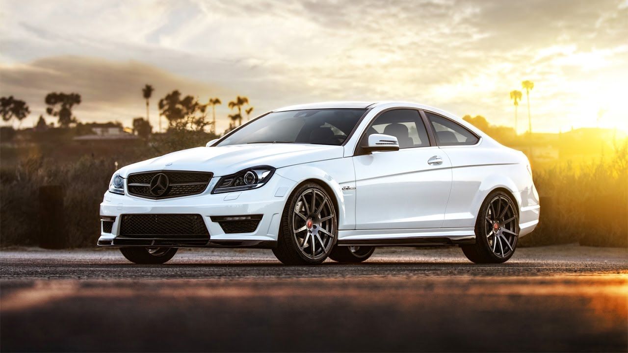 Mercedes-Benz C 63 AMG Coupé, Weiß, Sonnenuntergang, Palmen, HD-Hintergrundbild für PC