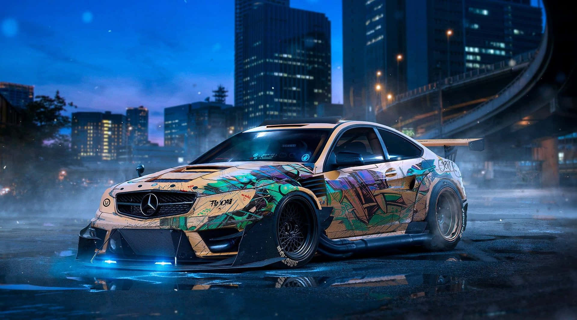 Mercedes-AMG C 63 Coupé, Tarnfolierung, Stadt bei Nacht, Digitale Kunst, Full HD, Laptop-Hintergrundbild