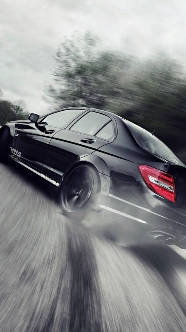 Mercedes-Benz C 63 AMG, Schwarz, Bewegungsunschärfe, Drift, HD, Handy-Hintergrund