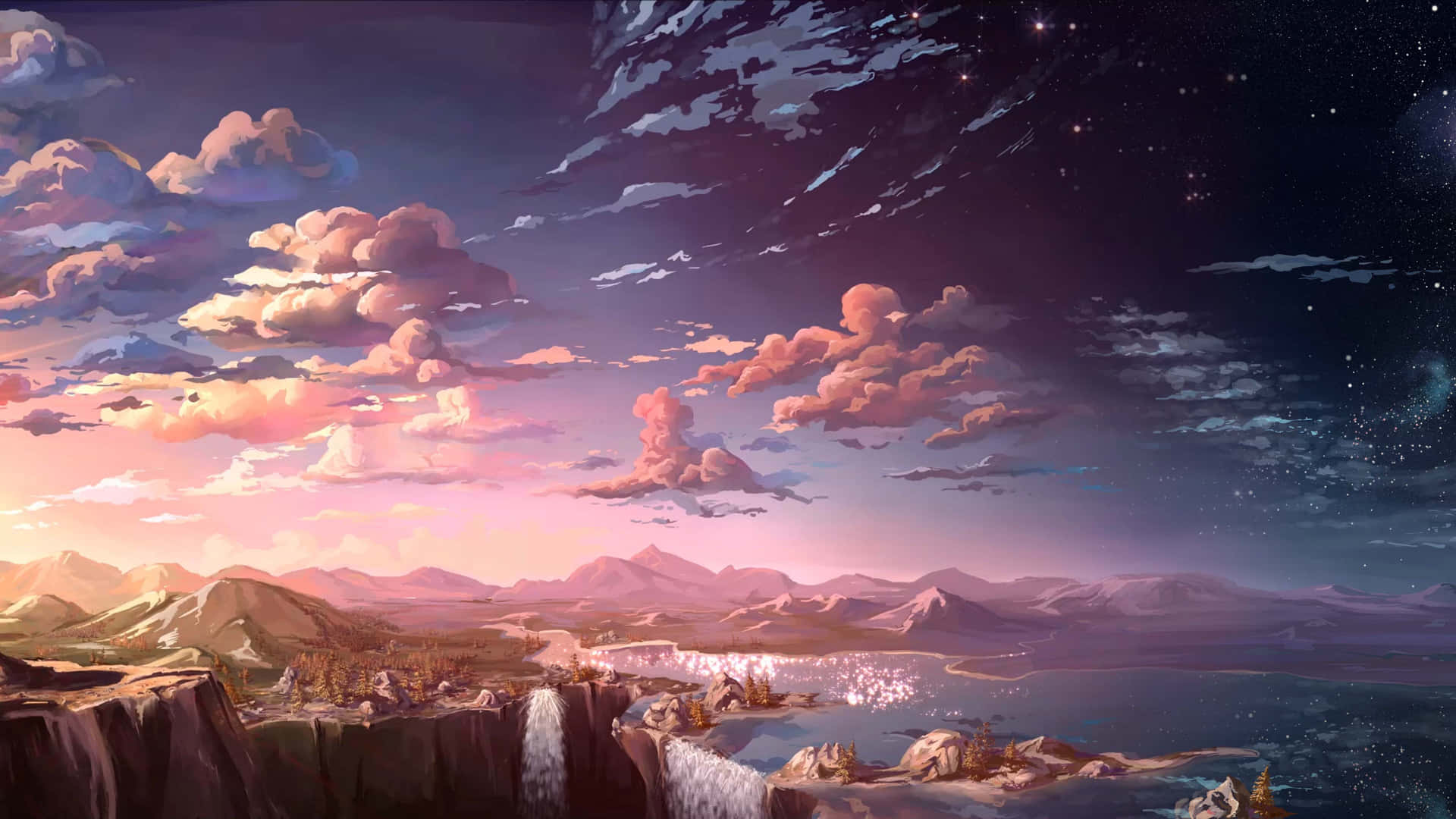 Anime-Landschaft, Wolken, Wasserfall, Sternenhimmel, Abendrot, Full HD, Laptop-Hintergrundbild