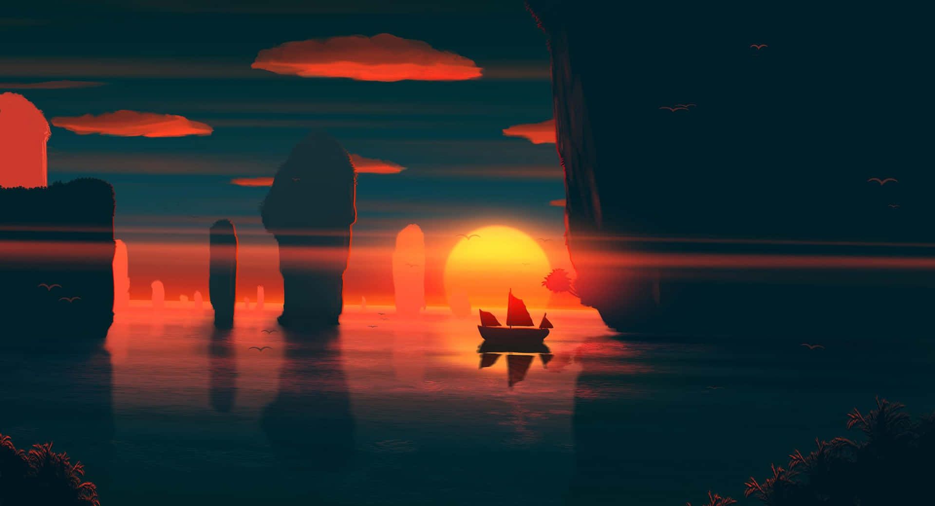 Sonnenuntergang, Felsen im Meer, Boot, Digitale Kunst, Silhouette, Full-HD-Hintergrundbild für PC