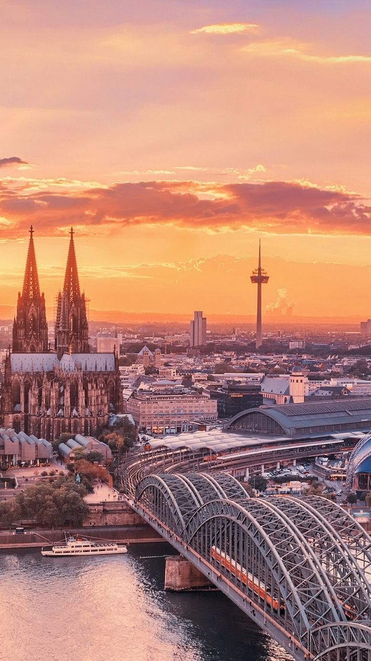 Kölner Dom, Hohenzollernbrücke, Colonius, Köln, Sonnenuntergang, Rhein, Sperrbildschirm fürs iPhone