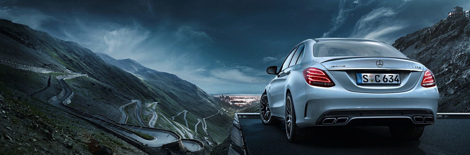 Mercedes-AMG C 63, Limousine, Berge, Nacht, Heckansicht, Hintergrund