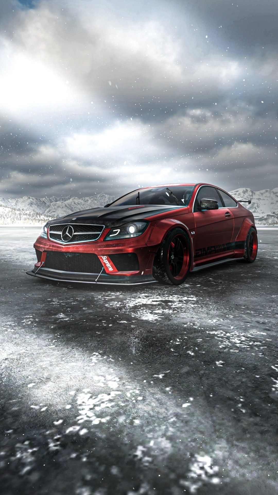 Mercedes-Benz C 63 AMG Coupé, Rot, Gewitterwolken, Nässe, Full HD, Handy-Hintergrundbild
