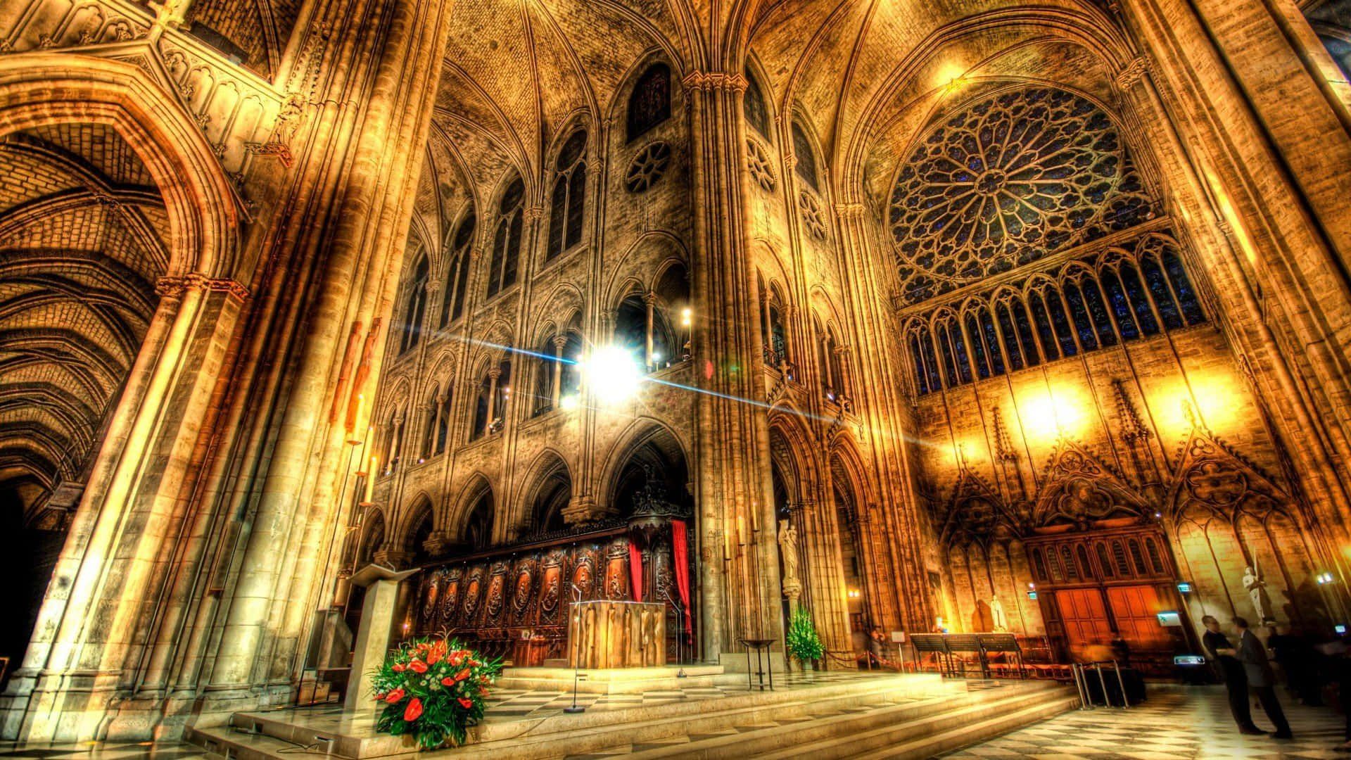 Gotische Kathedrale, Innenraum, Rosette, HDR, Goldenes Licht, Full HD, Breitbild-Hintergrundbild