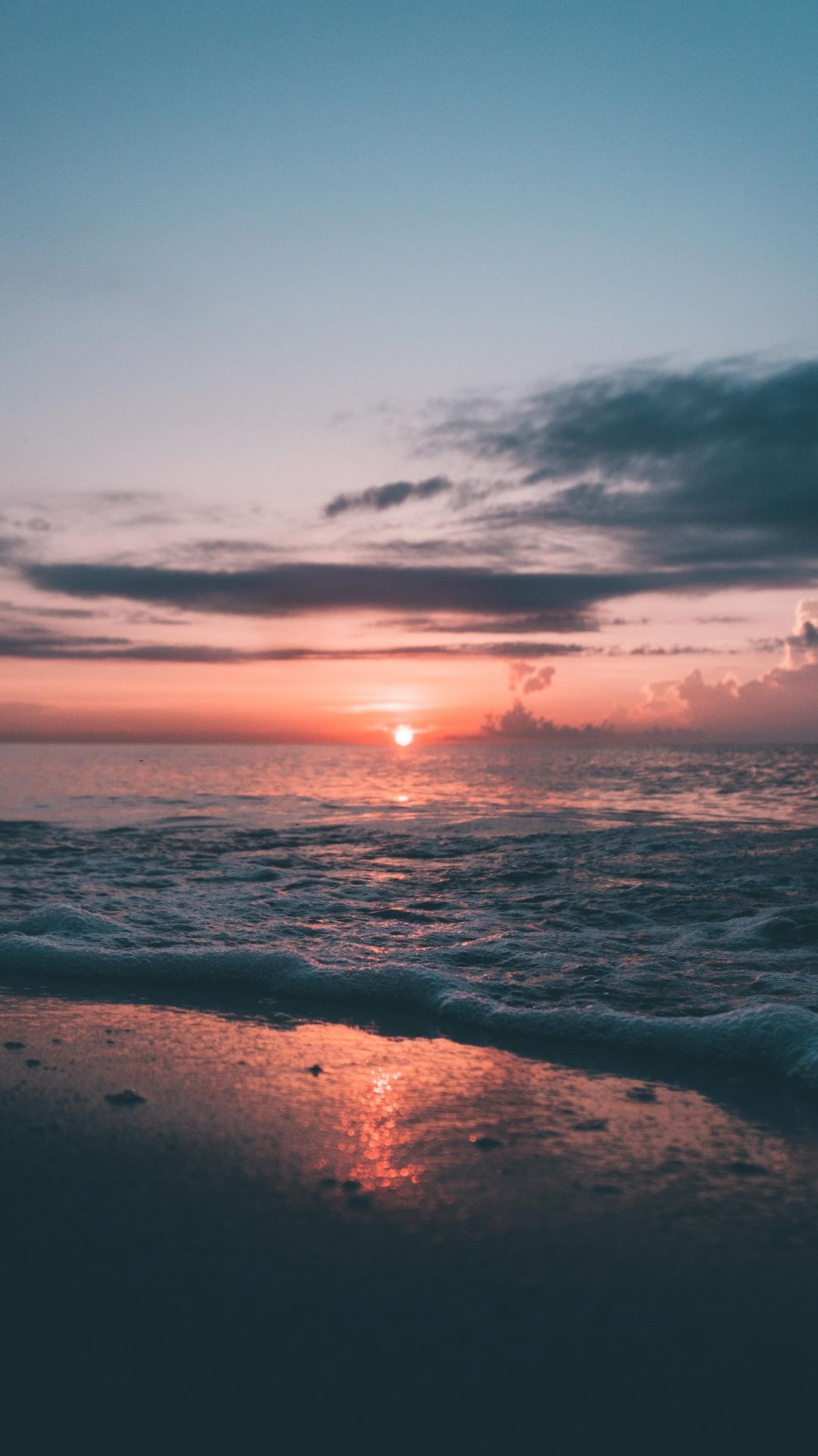 Strand, Sonnenuntergang, Wolken, Spiegelung, Dämmerung, Full HD, Hintergrundbild fürs Handy