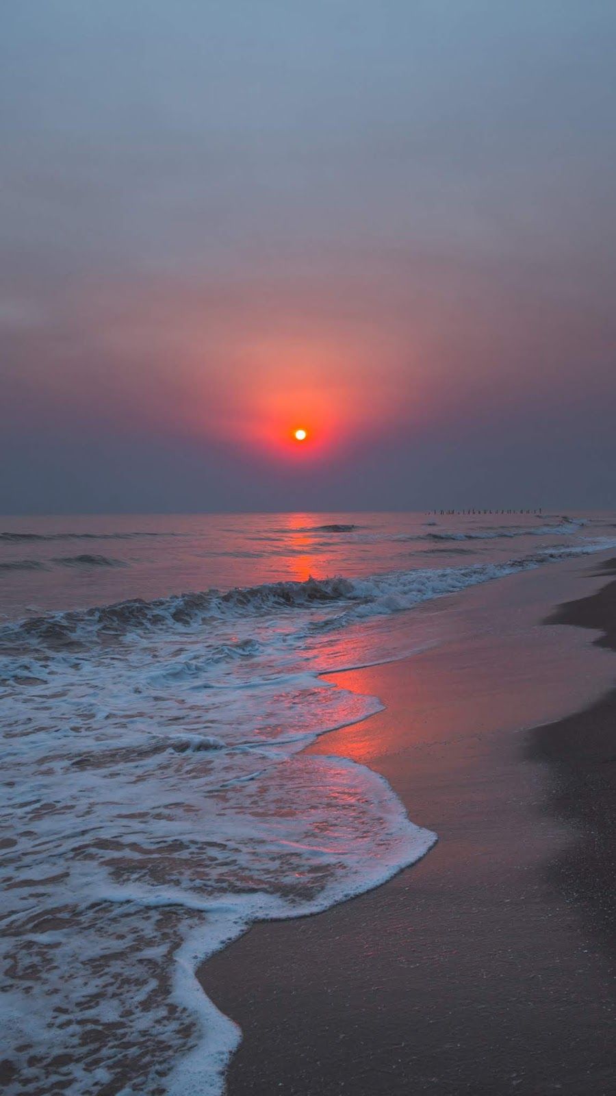 Strand, Sonnenuntergang, Wellen, Küste, Dunst, Hochformat, Hintergrundbild fürs Smartphone