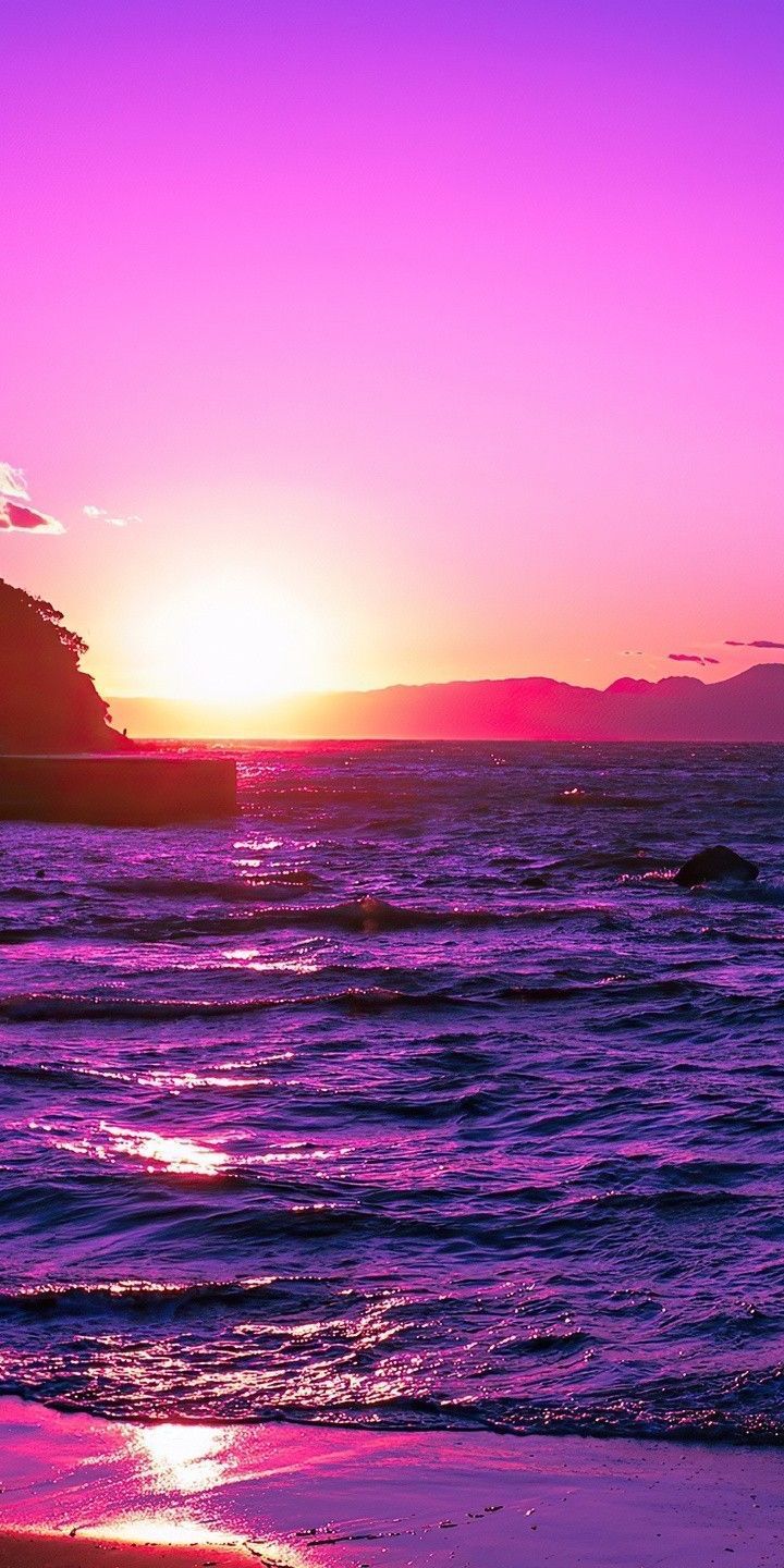 Meer, Sonnenuntergang, Pink, Lila, Felsen, Hochformat, Hintergrundbild fürs Smartphone