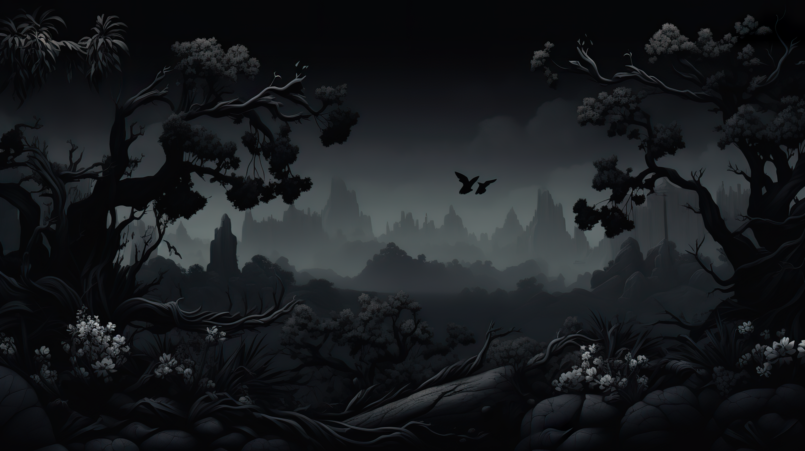 Dunkler Wald, Schwarz-Weiß, Fantasy, Vögel, Düster, 2K, Hintergrund für den Desktop