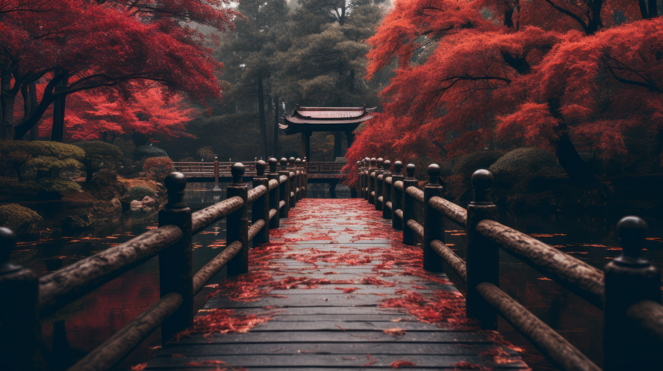 Holzbrücke, Japanischer Garten, Ahorn, Torii, Herbst, 16:9, Full-HD-Hintergrundbild für den Desktop