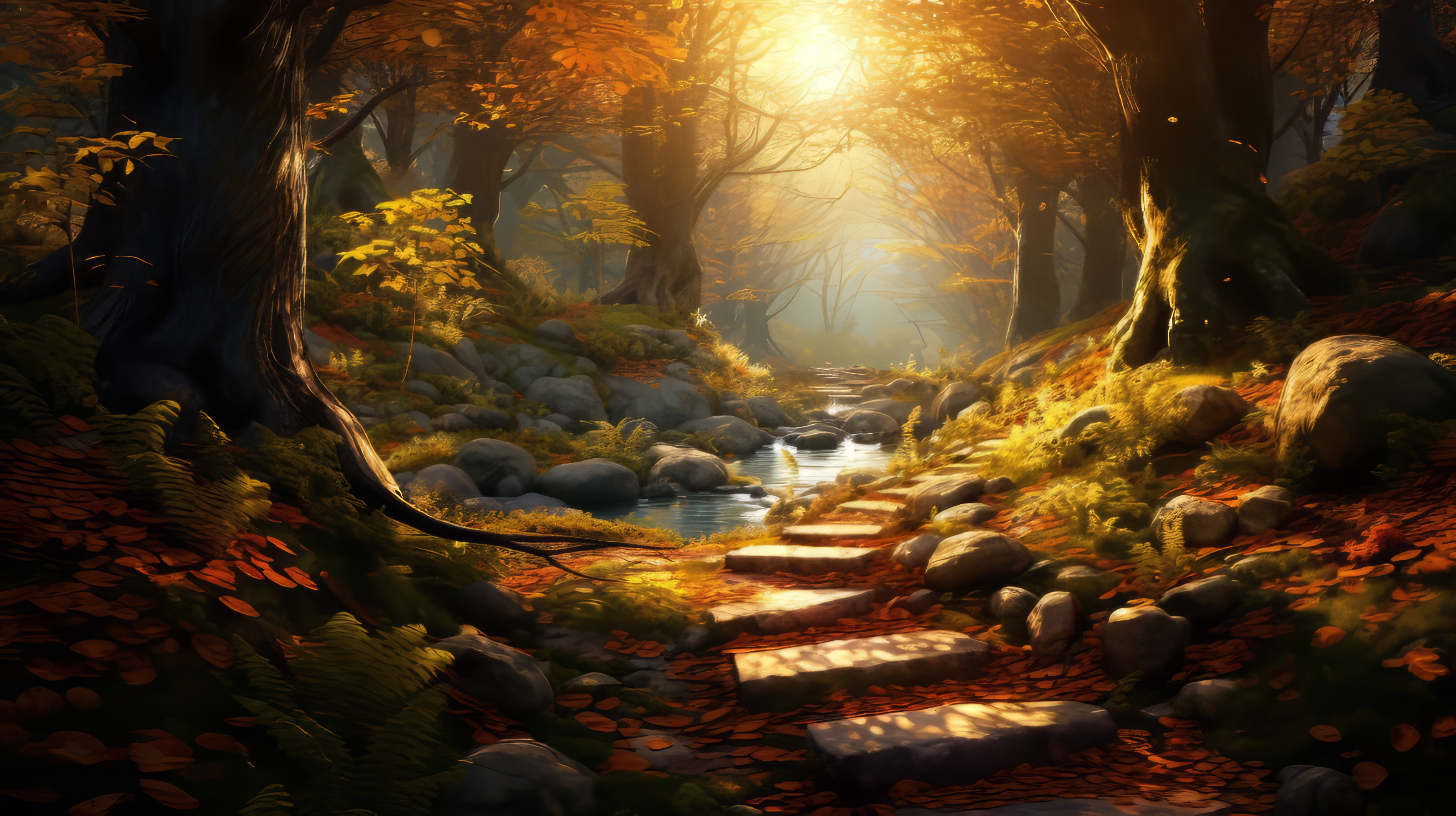 Waldweg, Steinstufen, Sonnenlicht, Herbstwald, Fantasy, 4K, Hintergrundbild für den PC
