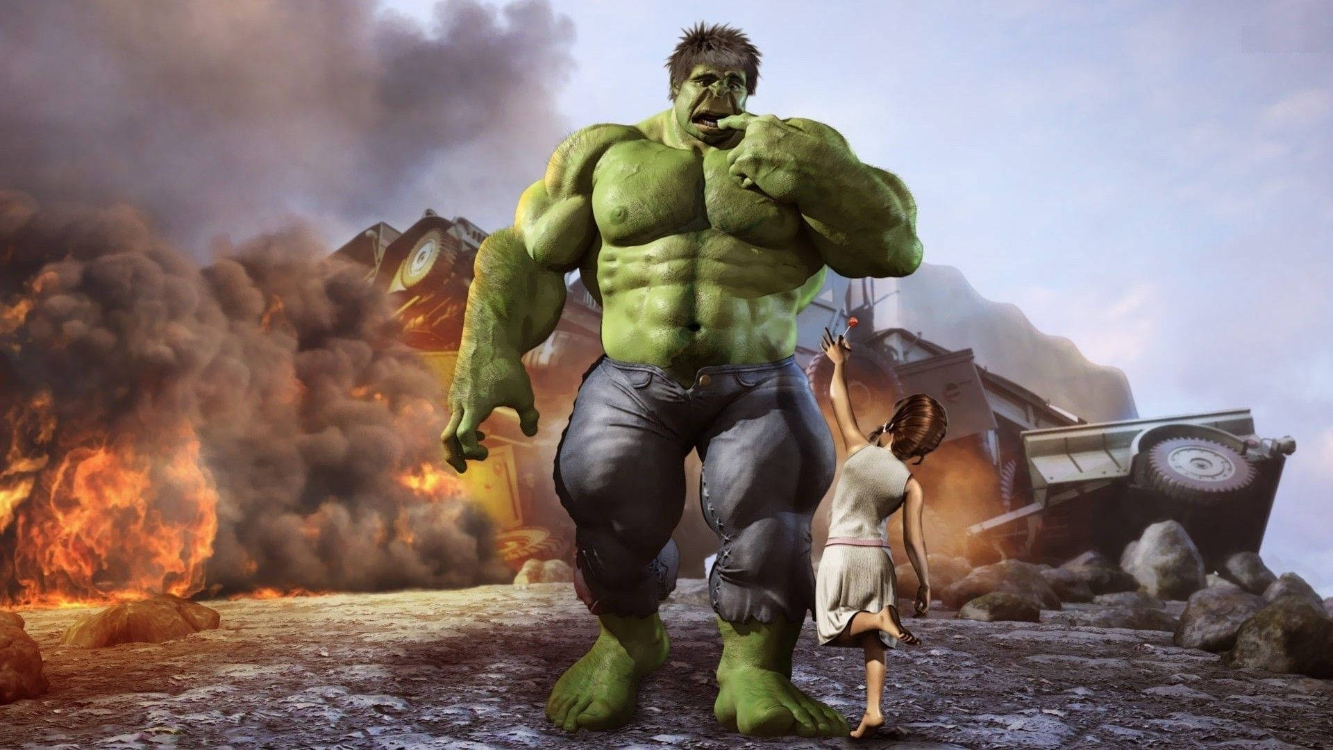 Hulk, Mädchen, Zerstörung, Feuer, Rauch, 16:9, Full-HD-Hintergrundbild für den Desktop