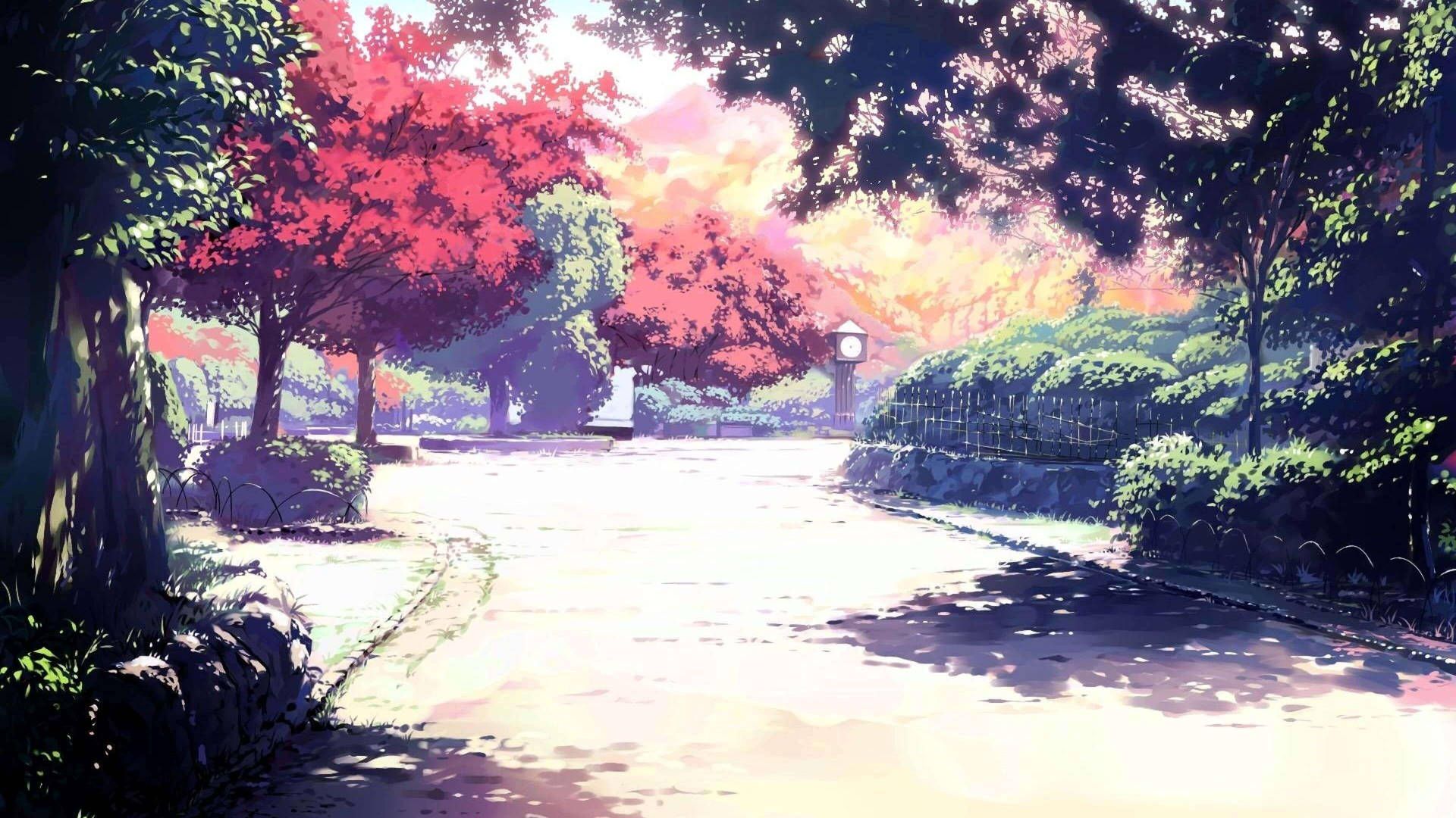 Anime-Stil, Weg, Rote Bäume, Sonnenlicht, Garten, Full HD 1080p, Desktop-Hintergrundbild