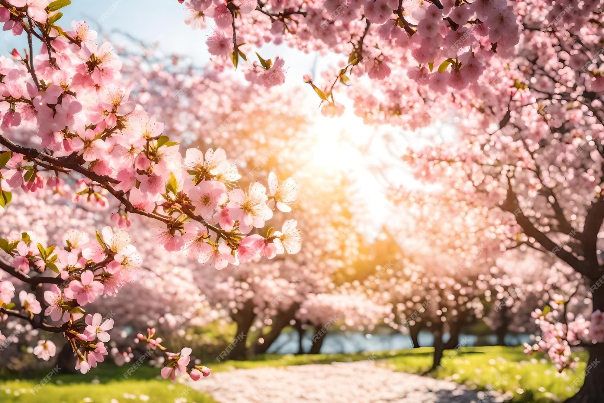 Kirschblüten, Weg, Sonnenlicht, Frühling, Rosa, Full HD, Desktop-Hintergrund für Windows