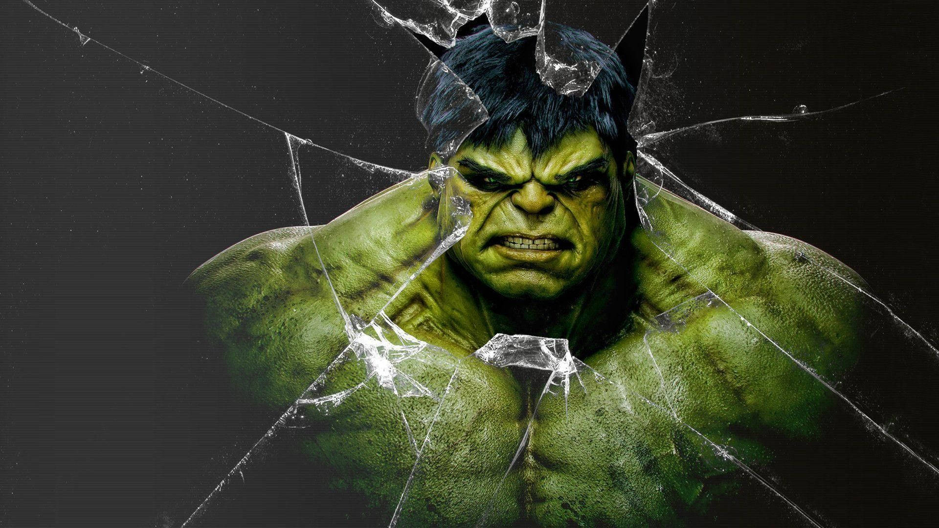 Hulk, Zersplittertes Glas, Wut, Dunkler Hintergrund, Full HD Wallpaper