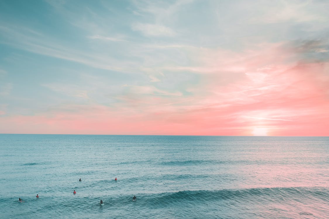 Meer, Rosa Wolken, Schwimmer, Pastellfarben, Horizont, Hintergrundbild