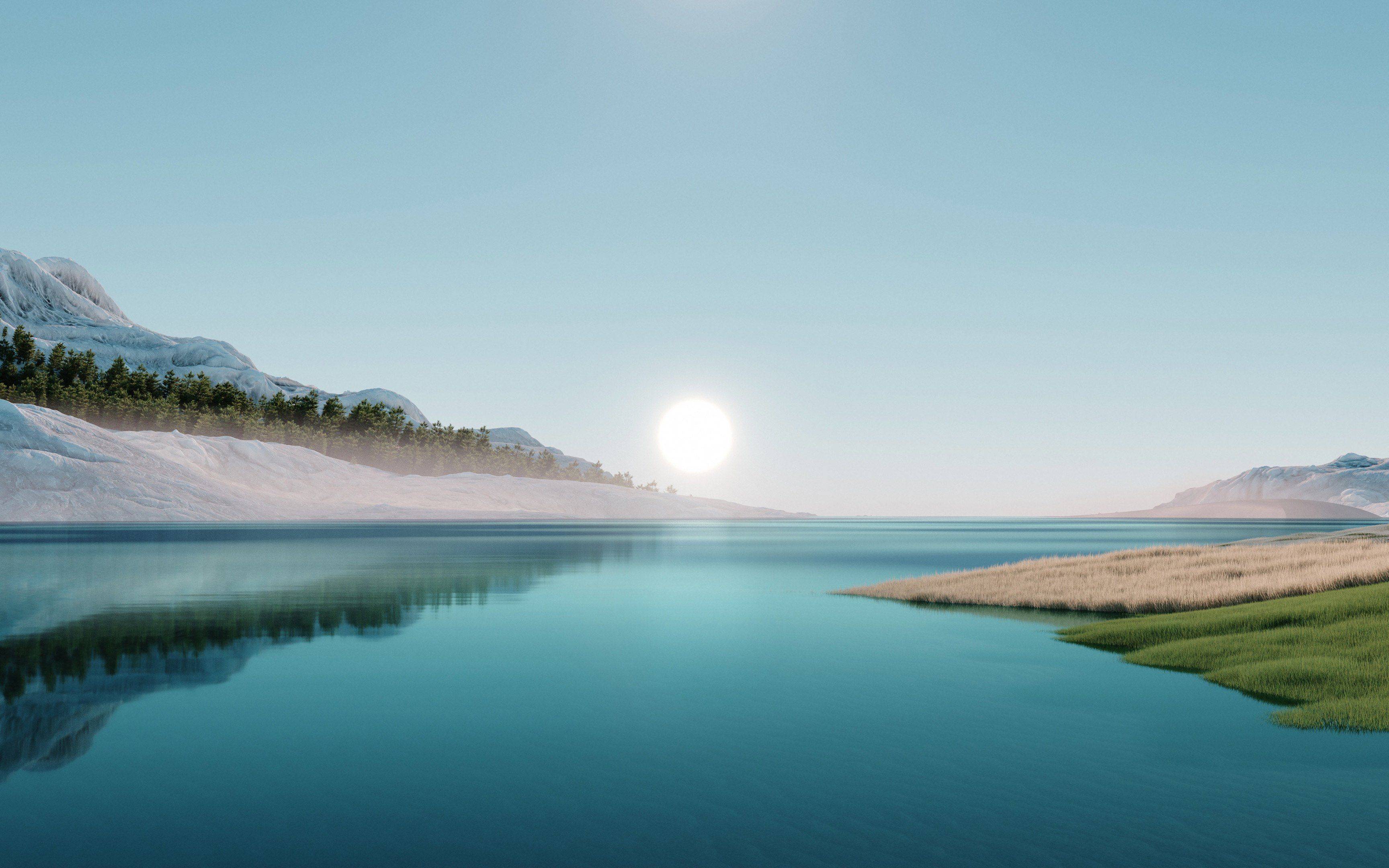 See, Spiegelung, Sonne, Hügel, Ruhiges Wasser, Türkis, 2K, Hintergrundbild für den PC