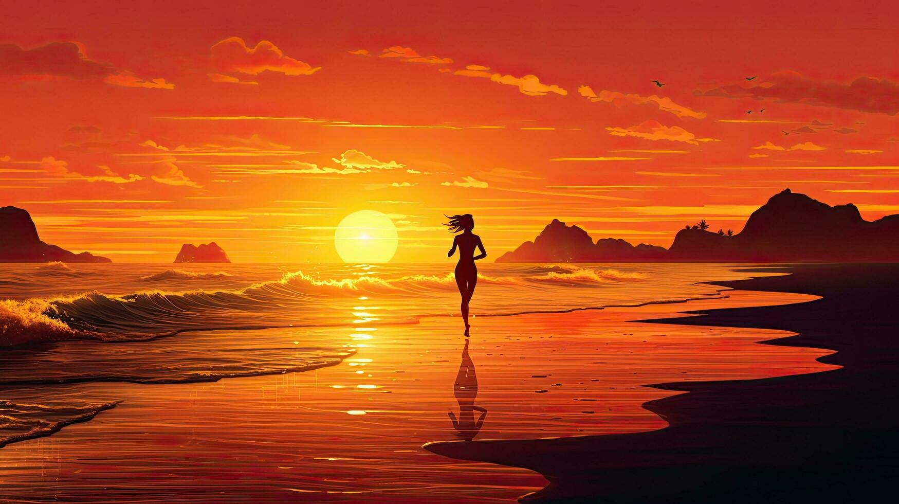 Sonnenuntergang, Strand, Silhouette, Illustration, Orange, Spiegelung, HD, PC-Hintergrundbild
