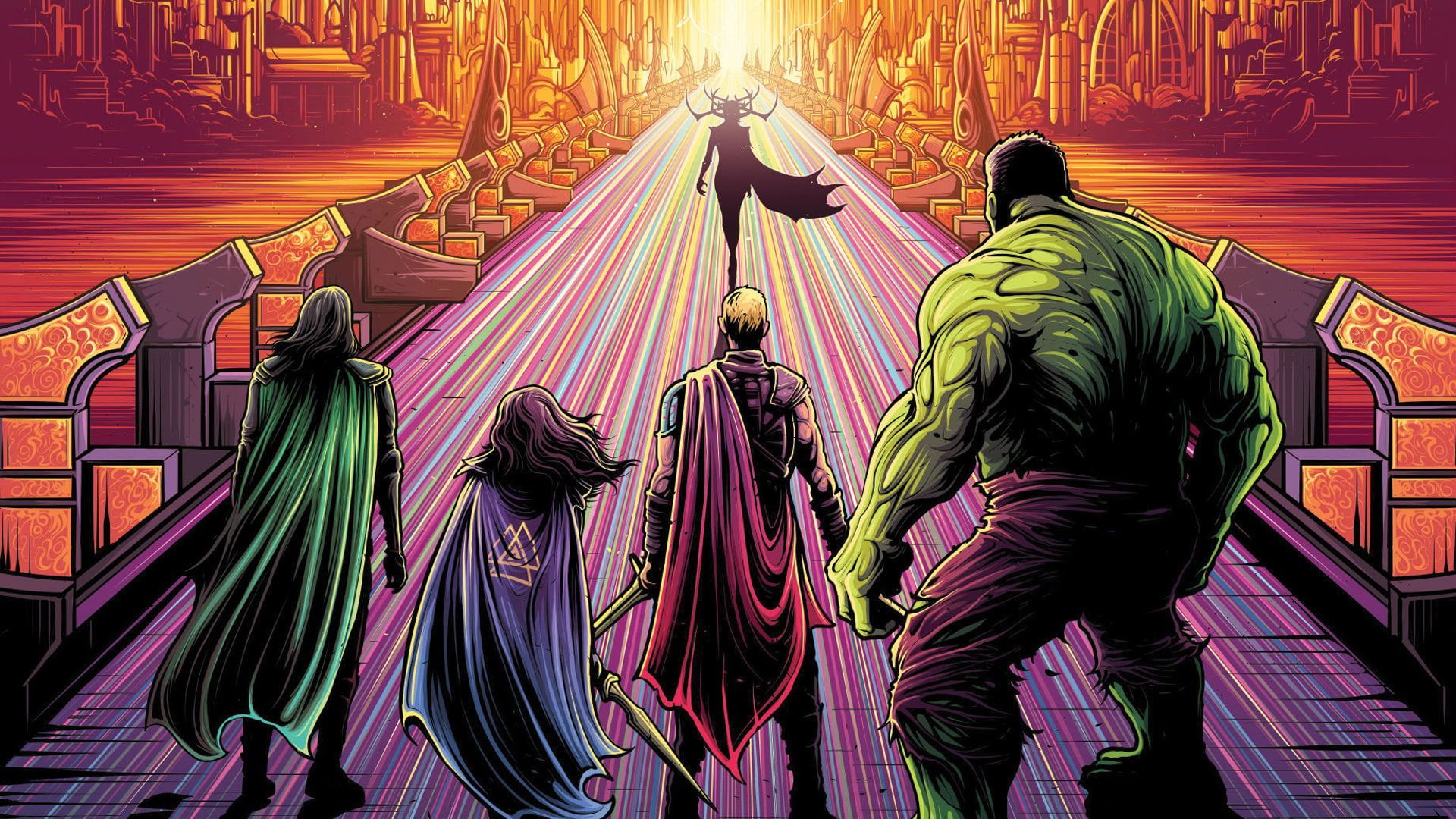 Thor: Tag der Entscheidung, Hulk, Thor, Loki, Walküre, Illustration, 1920x1080, PC-Hintergrundbild