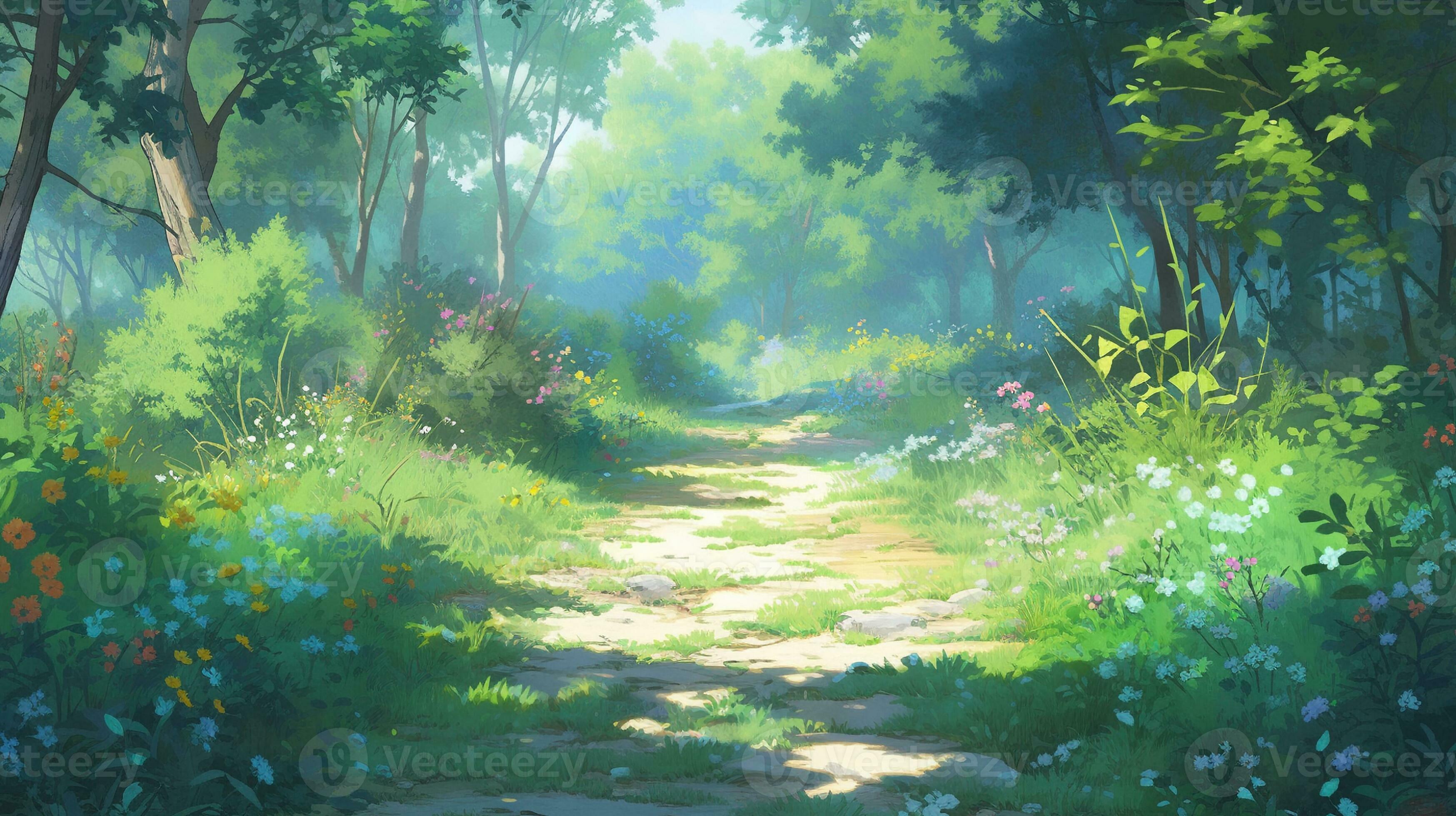 Waldweg, Grün, Sonnenlicht, Anime-Stil, Blumen, 16:9, 2K-Hintergrundbild für den Desktop