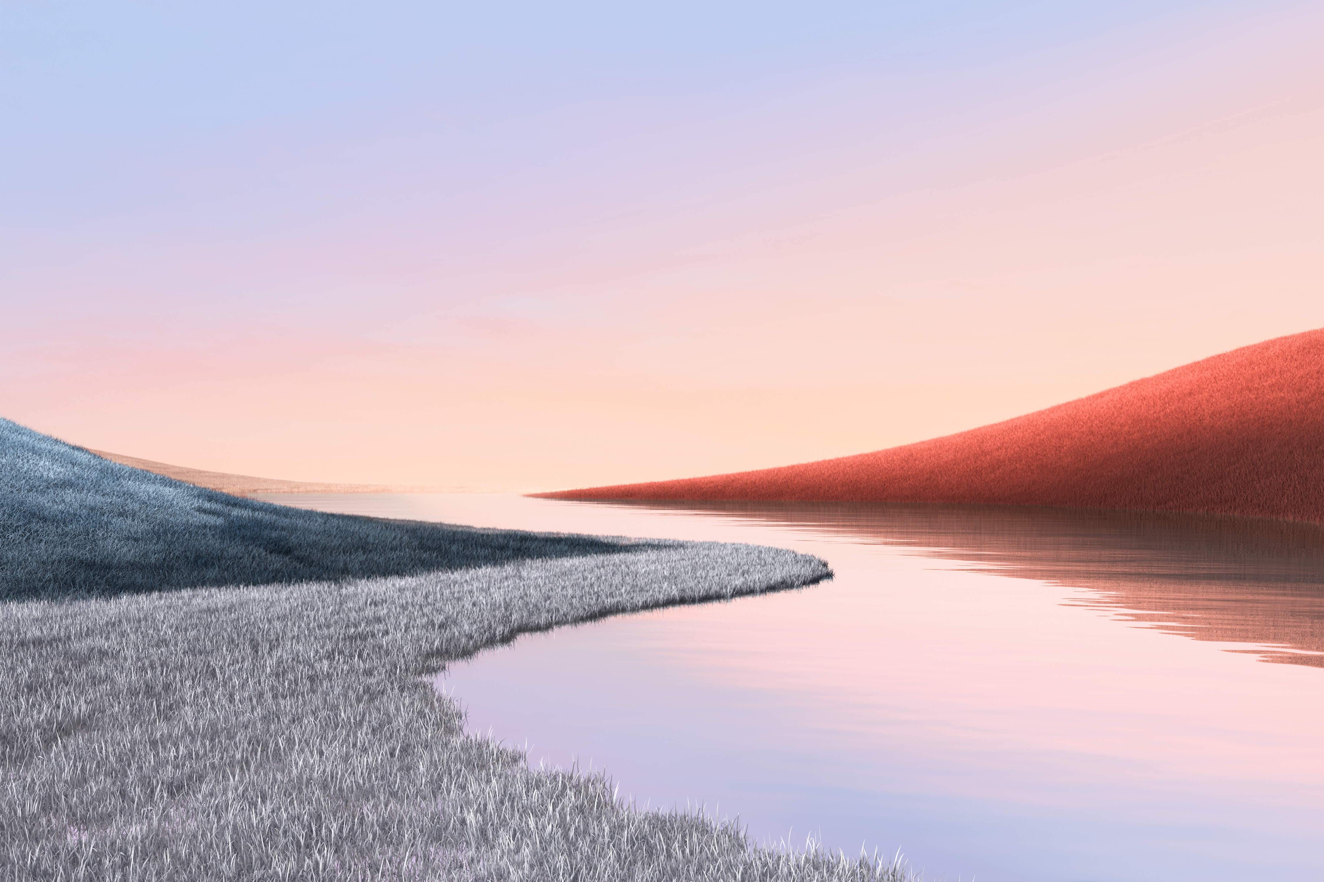 Surface, Microsoft, Landschaft, Ufer, Pastellfarben, Dämmerung, 4K, PC-Hintergrundbild