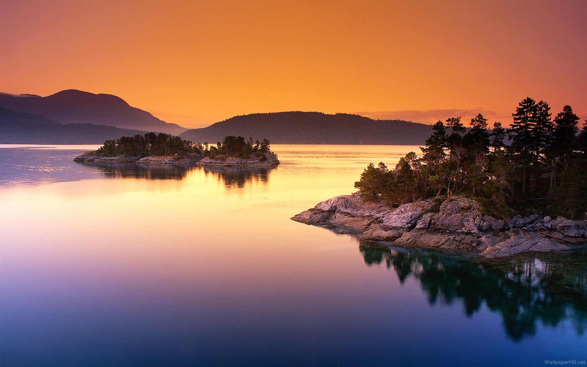 See, Inseln, Sonnenuntergang, Bäume, Spiegelung, Orange Himmel, Full HD, Laptop-Hintergrundbild
