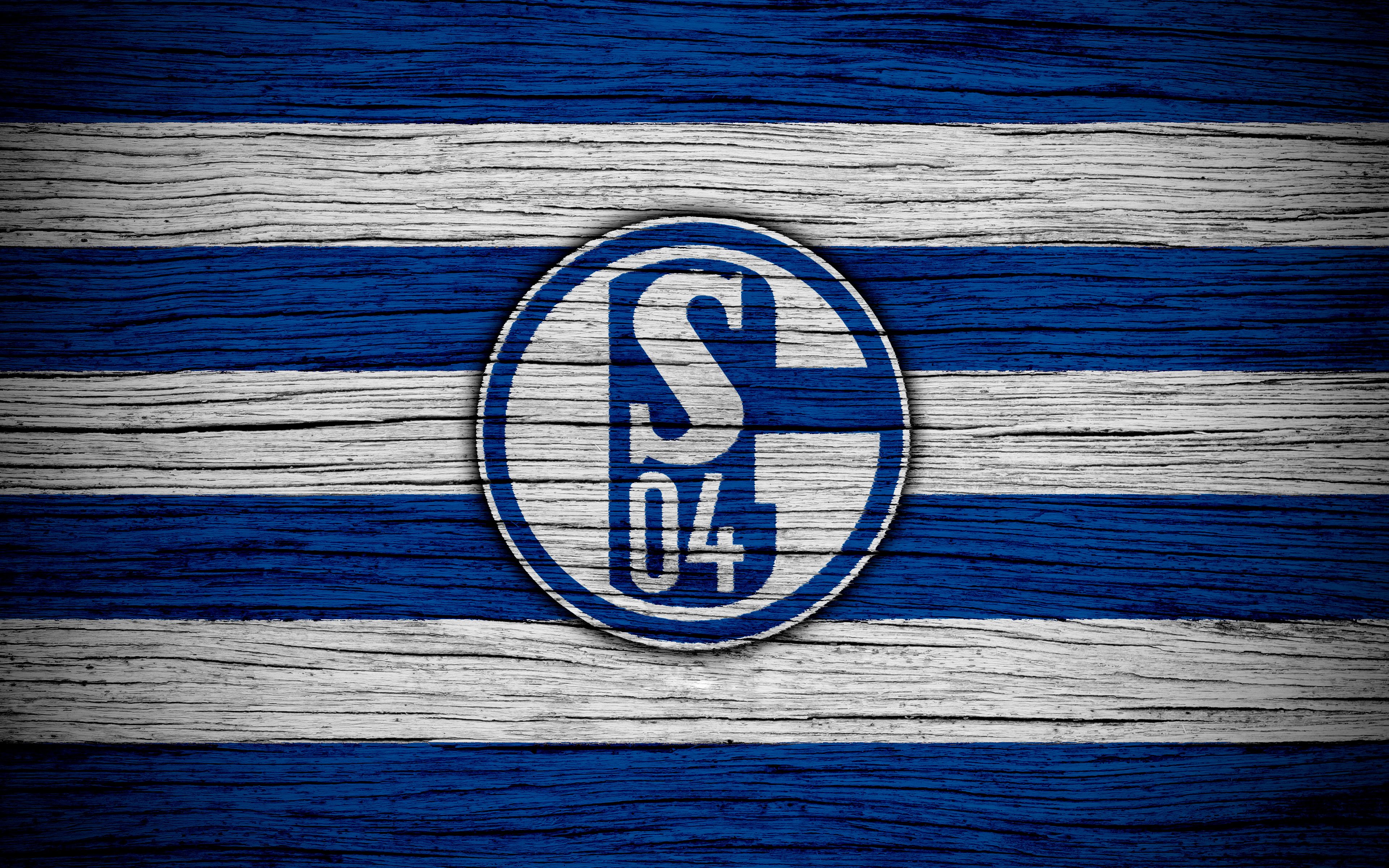 FC Schalke 04, Logo, Holztextur, Blau-Weiß, Streifen, 16:10, 4K-Hintergrundbild für den Desktop
