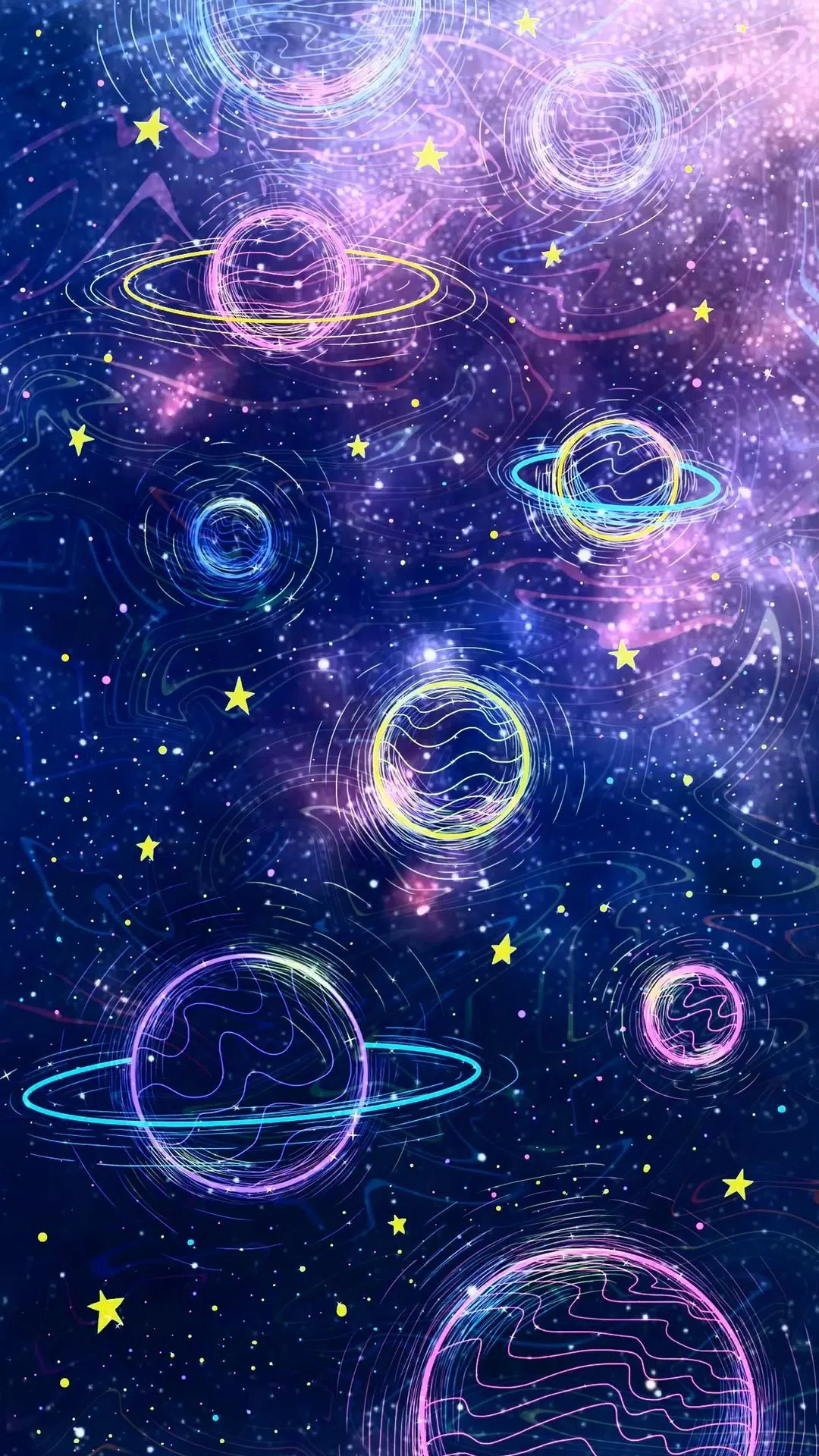 Planeten, Neon, Kreise, Sterne, Illustration, Blau-Lila, Full HD, iPhone-Hintergrundbild