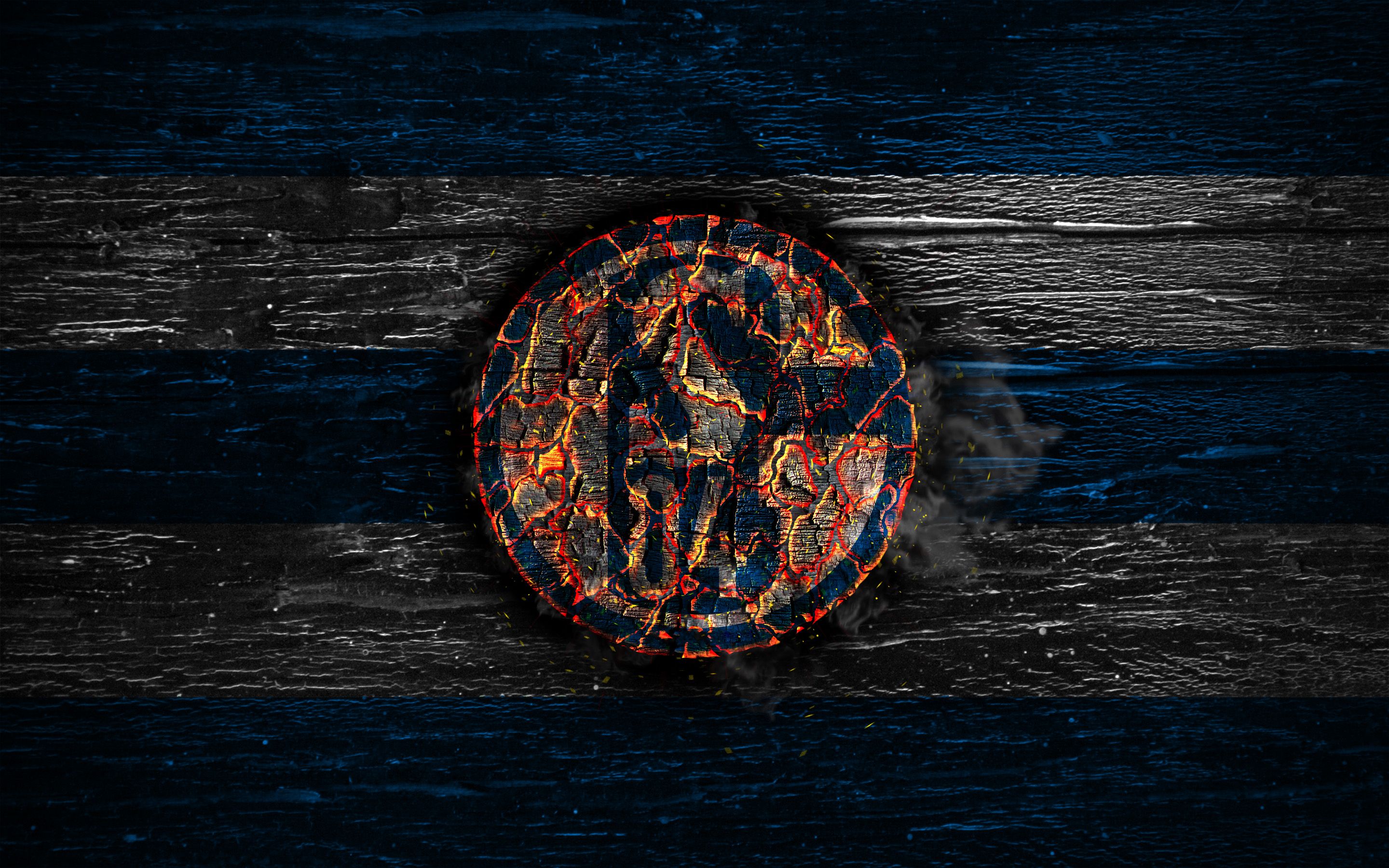 FC Schalke 04, Feuerlogo, Holztextur, Grunge, Dunkel, 2K, Hintergrundbild für den PC