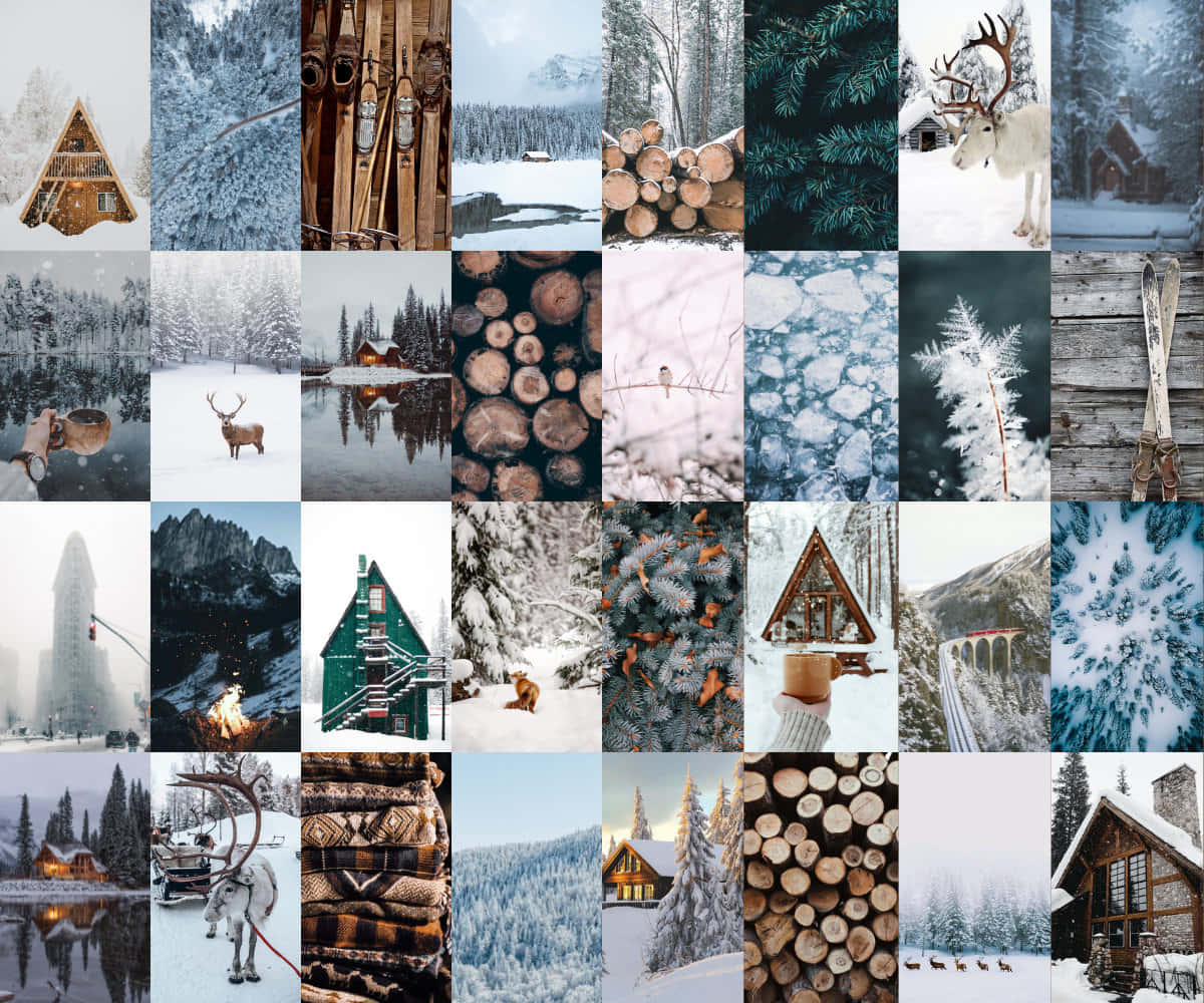 Collage, Winterästhetik, Hütte, Brennholz, Wald, Hintergrund
