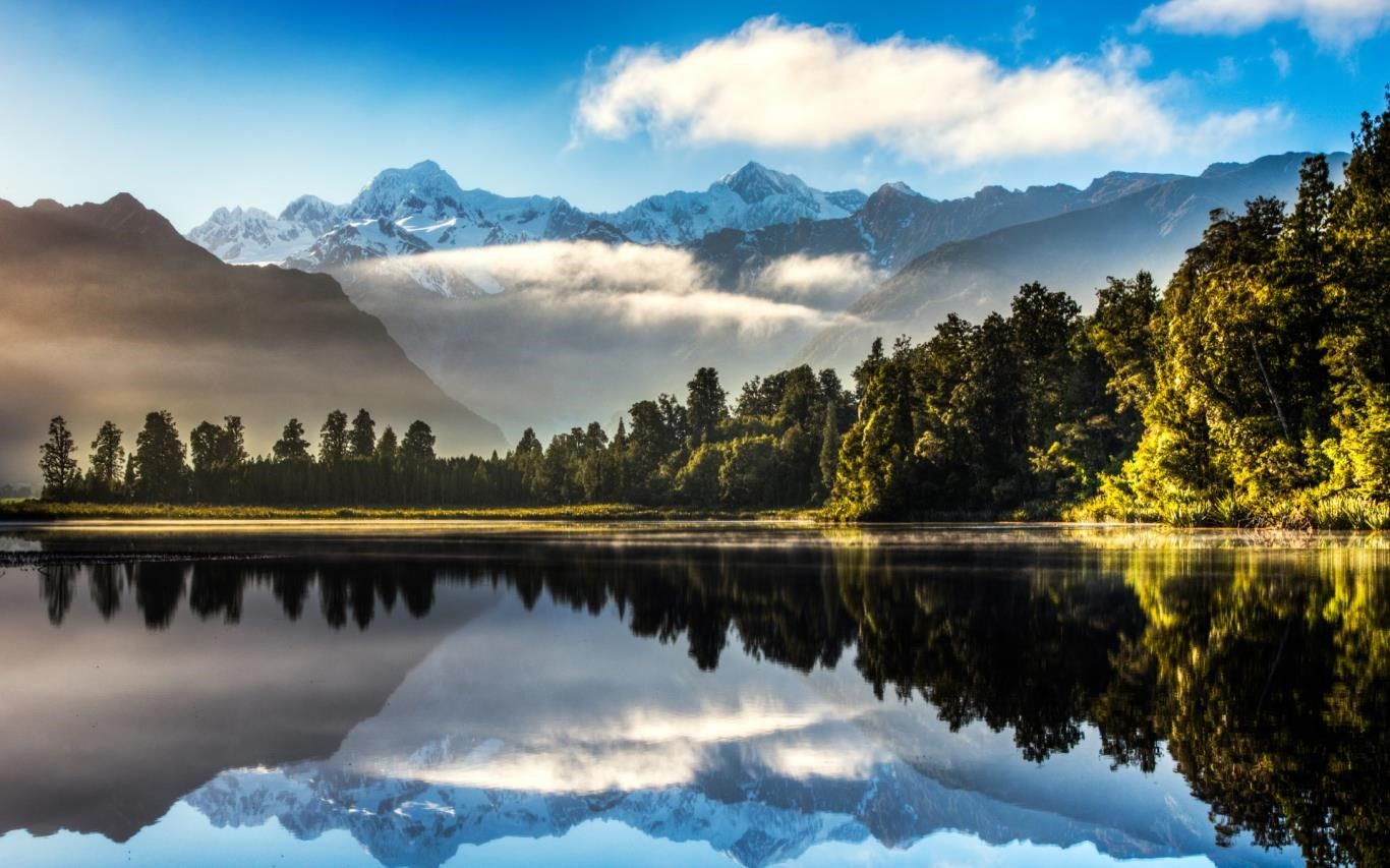 Lake Matheson, Aoraki / Mount Cook, Neuseeland, Bergsee, Spiegelung, Wald, Schneeberge, HD-PC-Hintergrundbild