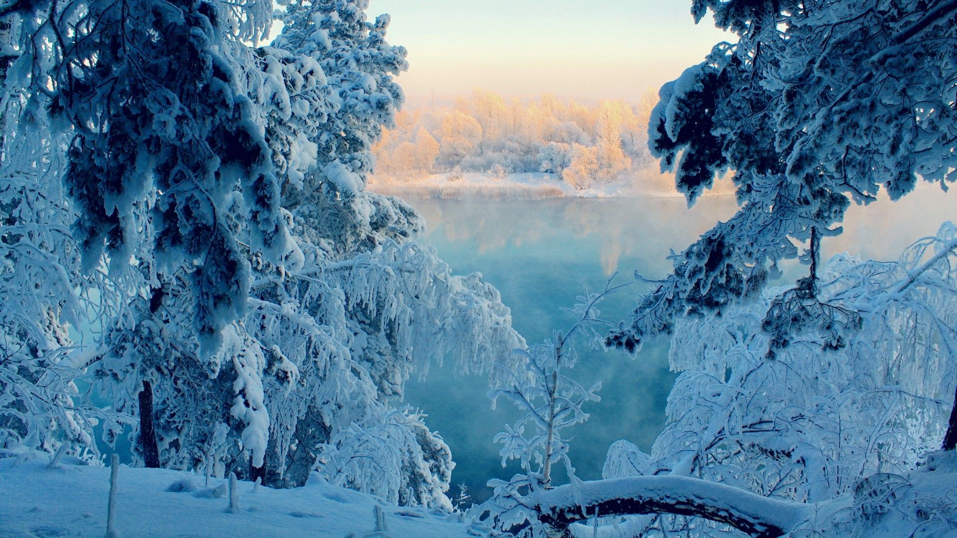 Verschneite Bäume, See, Raureif, Winterlandschaft, Blau, Full HD, Breitbild-Hintergrundbild