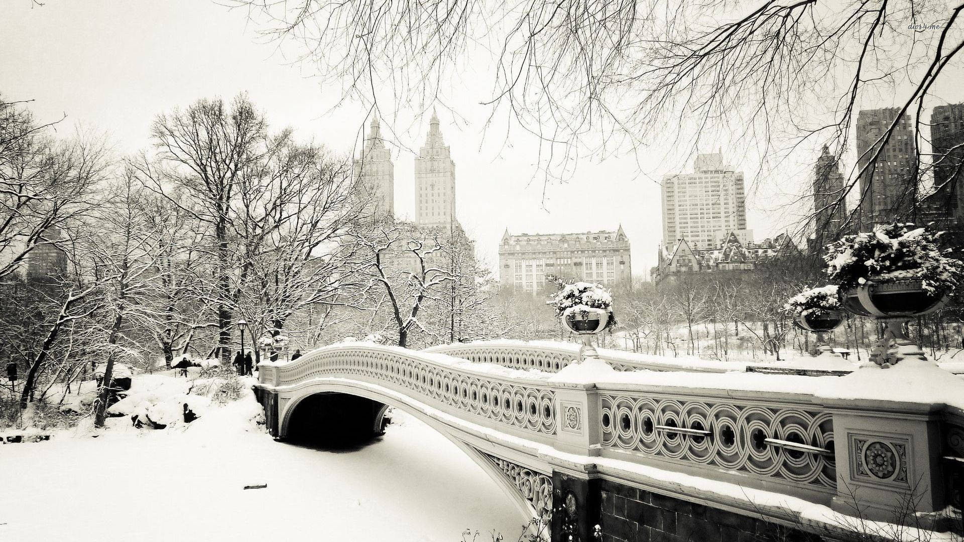 Bow Bridge, Central Park, New York City, Schnee, Winter, Wolkenkratzer, 1920x1080, PC-Hintergrundbild