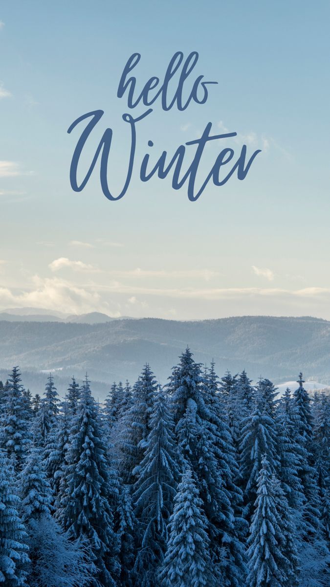 Hello Winter, Schriftzug, Tannenwald, Berge, Winterlandschaft, Android-Hintergrundbild