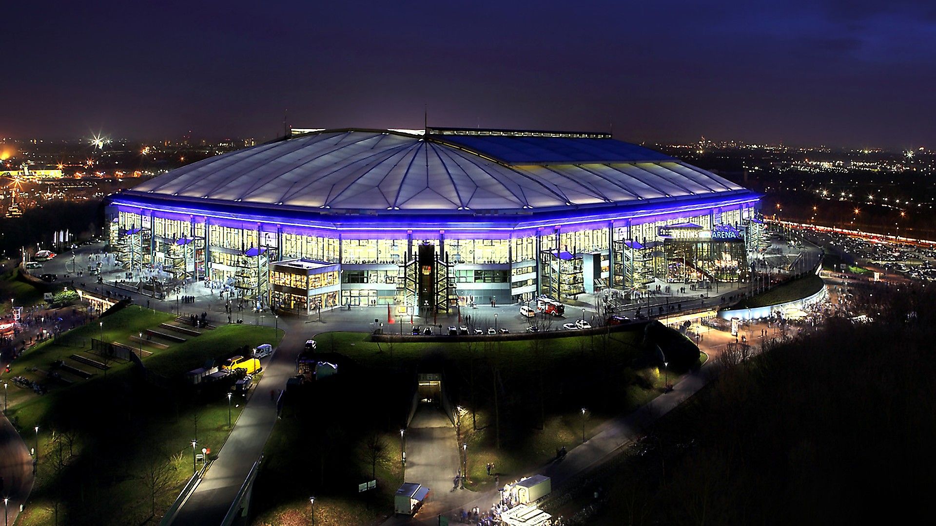 Veltins-Arena, Arena AufSchalke, Gelsenkirchen, Stadion, Nacht, Luftaufnahme, Full-HD-Hintergrundbild