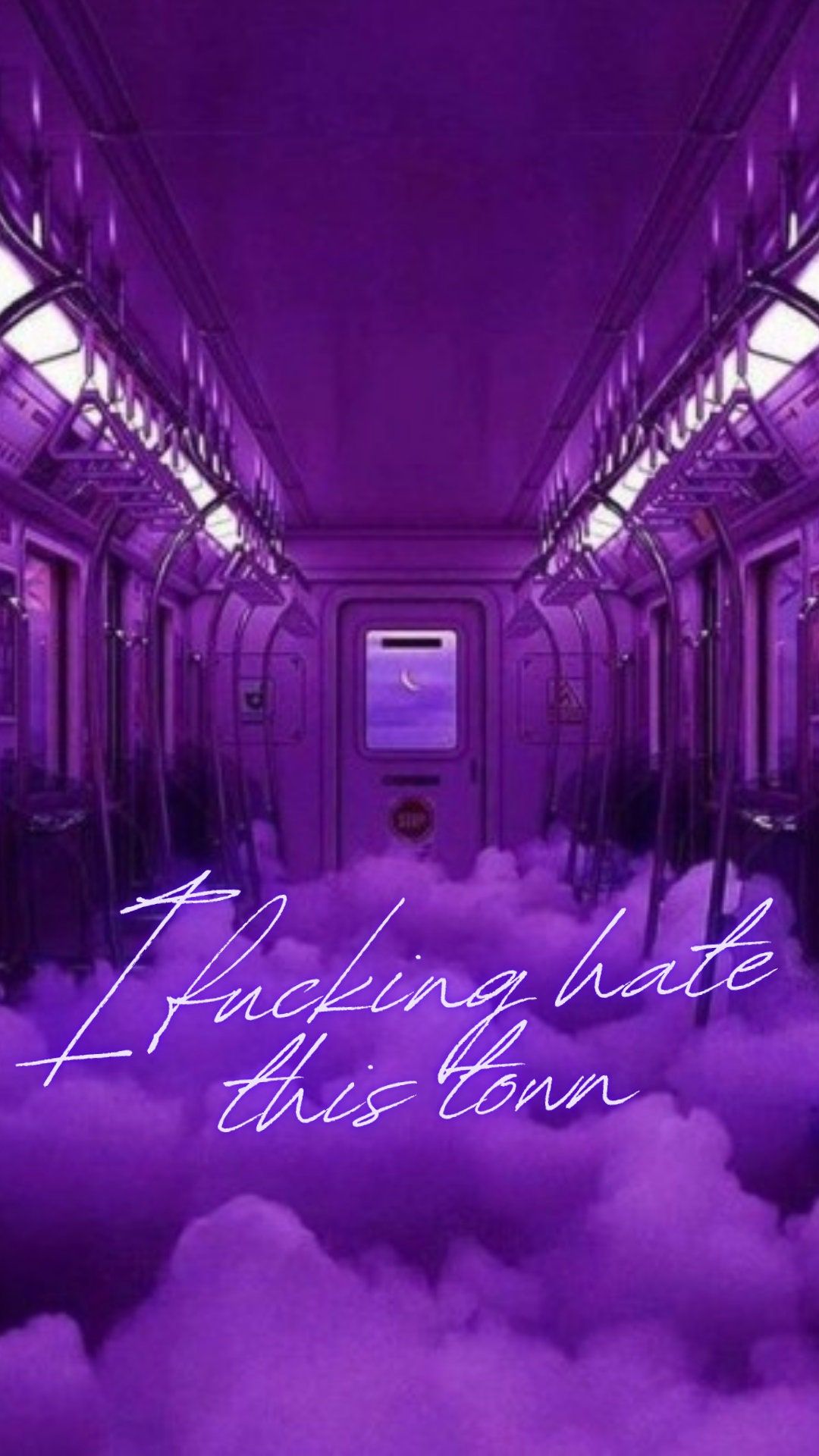 Neonschrift, U-Bahn-Wagen, Lila Wolken, Surreal, Violett, Full HD, Handy-Hintergrundbild