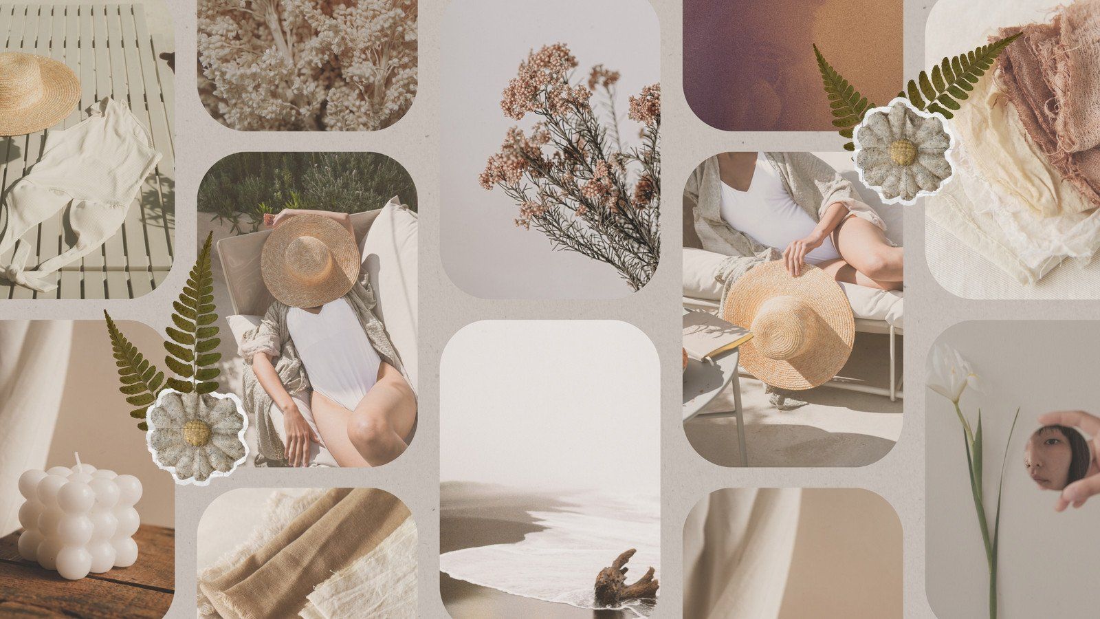 Collage, Farn, Strohhut, Kerze, Beige, Ästhetik, HD, Hintergrundbild für den PC