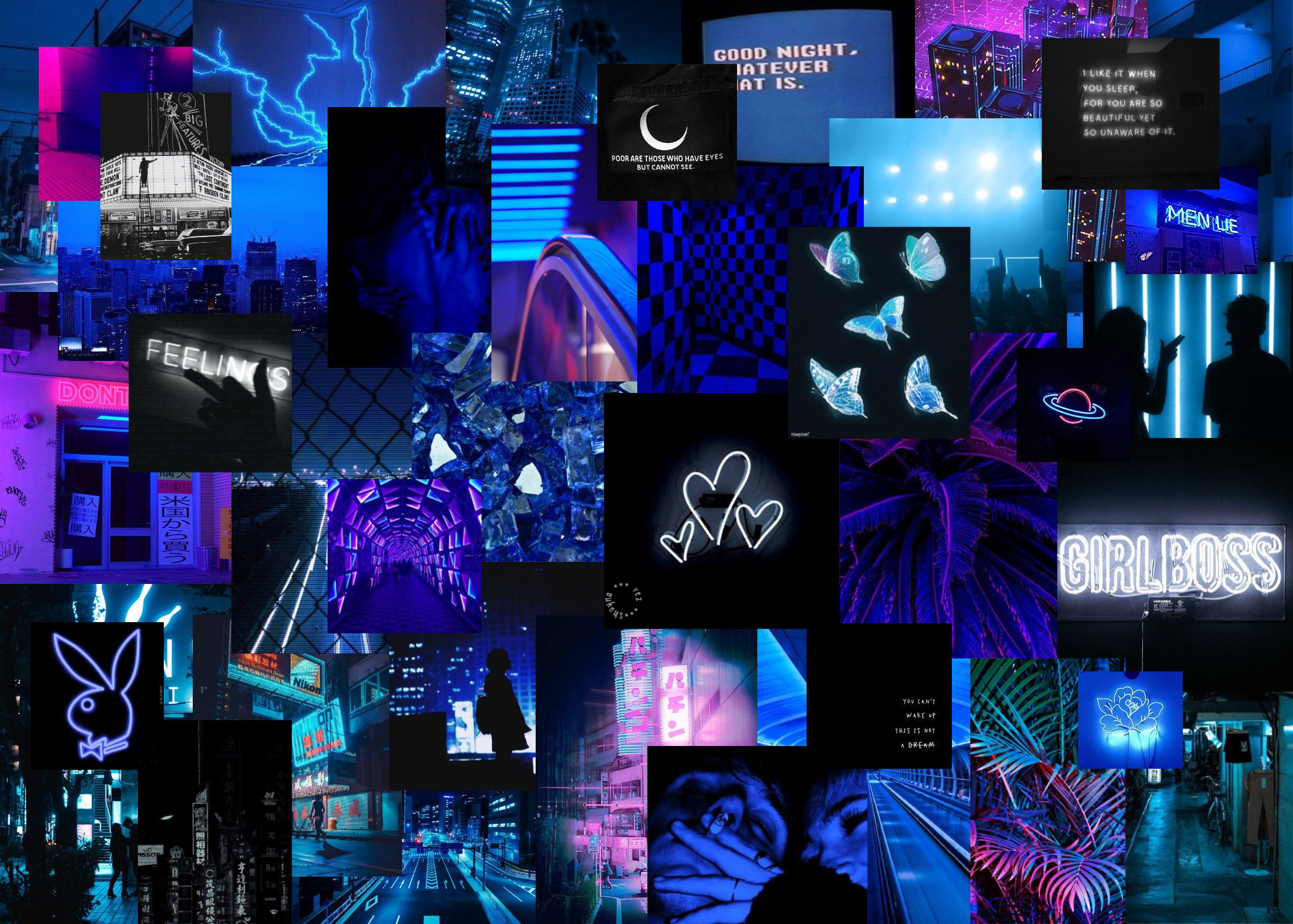 Collage, Neonschilder, Ästhetik, Blau, Lila, Playboy-Hase, Full HD, PC-Hintergrundbild