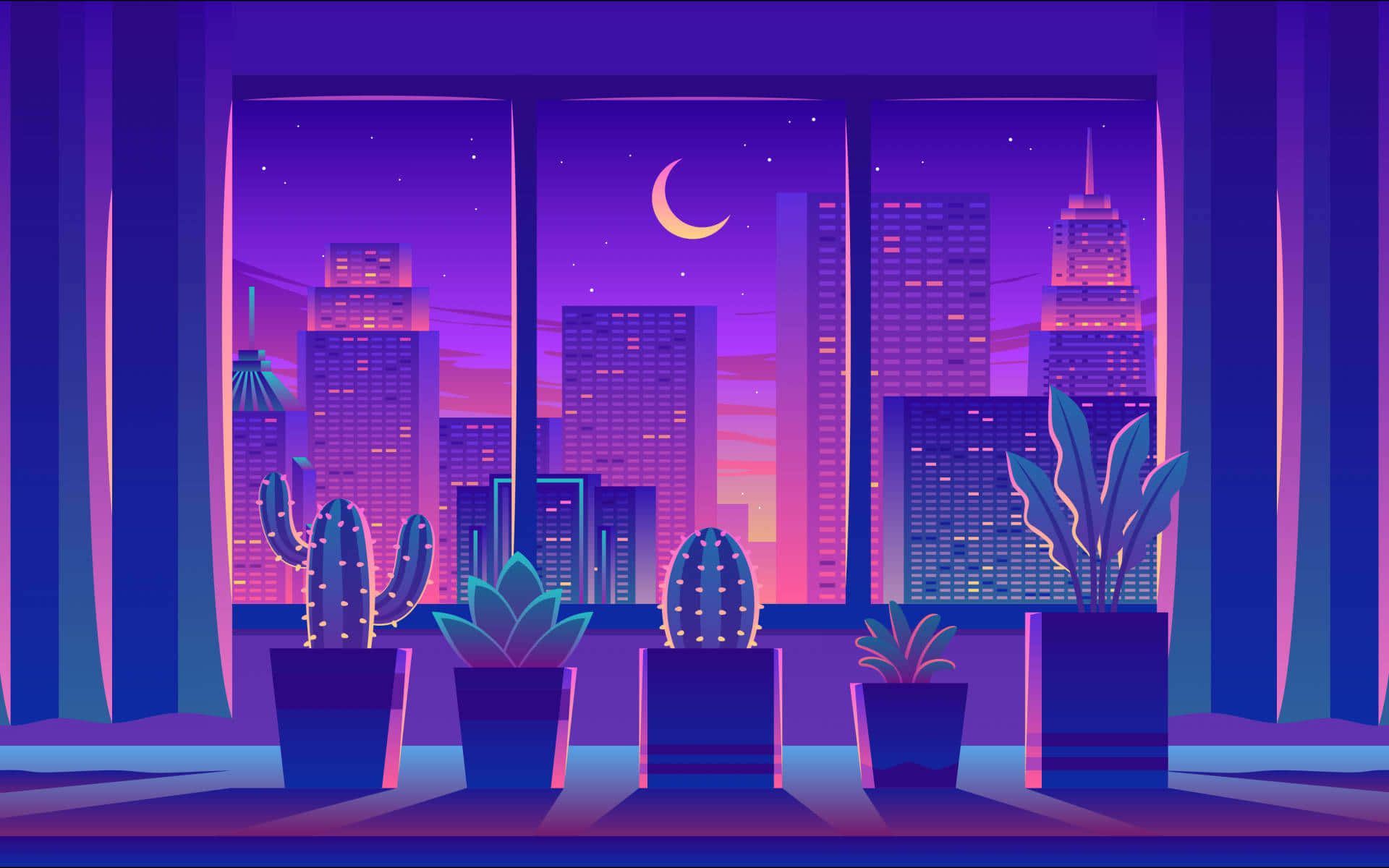 Fensterblick, Skyline, Mondsichel, Kakteen, Topfpflanzen, Lila, Nacht, Full-HD-Hintergrundbild für PC